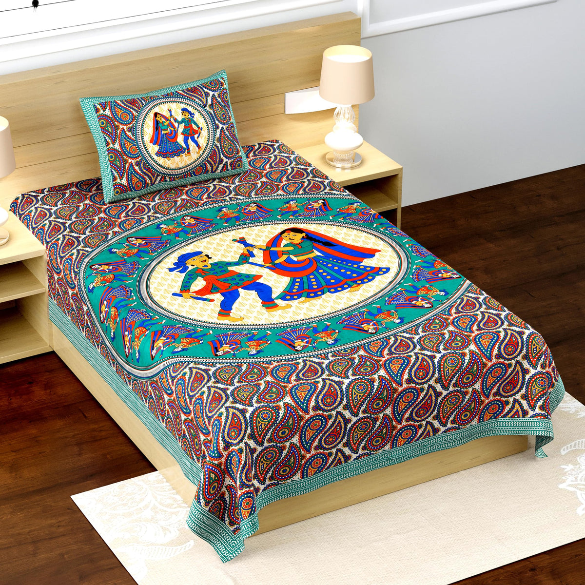 RajasthaniKart Pure Cotton 144 TC Single Size Bed Sheet with 1 Pillow Cover  Bedsheet for Single Bed (Green, Single Bedsheets C