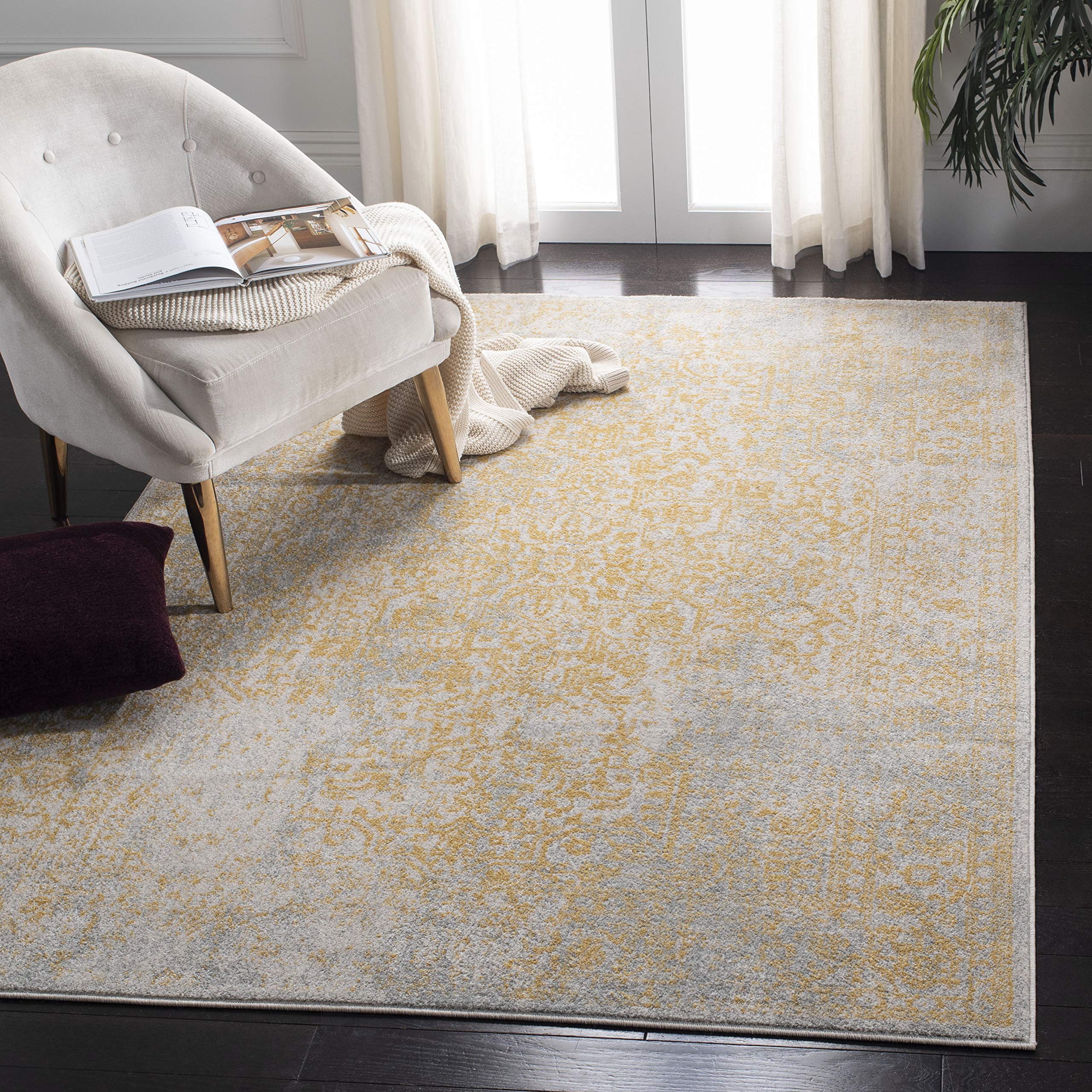 SAFAVIEH Evoke Collection Area Rug - 53 Square, Ivory & Gold, Distressed Design, Non-Shedding & Easy Care, Ideal for High Traff