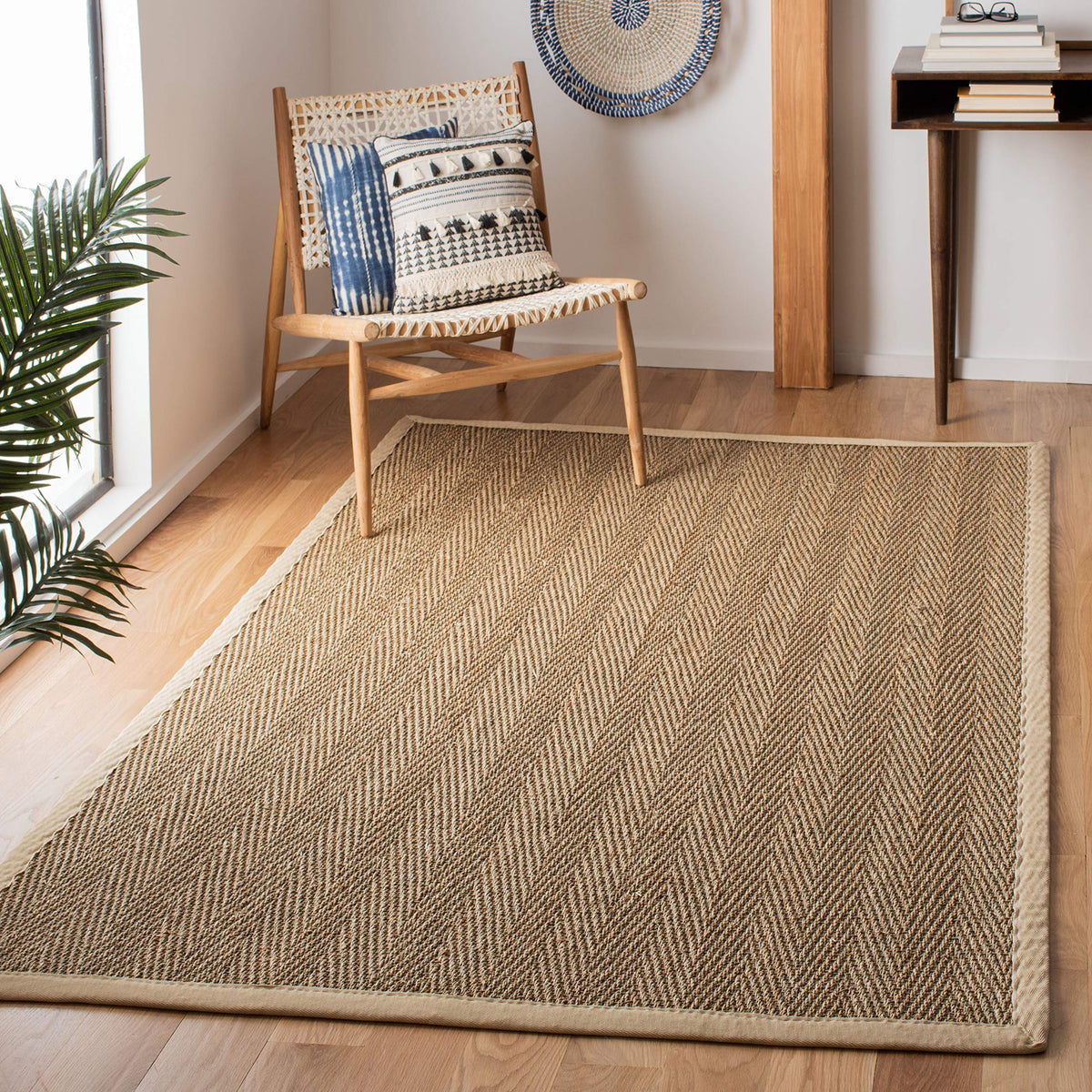SAFAVIEH Natural Fiber Collection Accent Rug - 4 x 6, Natural & Ivory, Border Herringbone Seagrass Design, Easy Care, Ideal fo