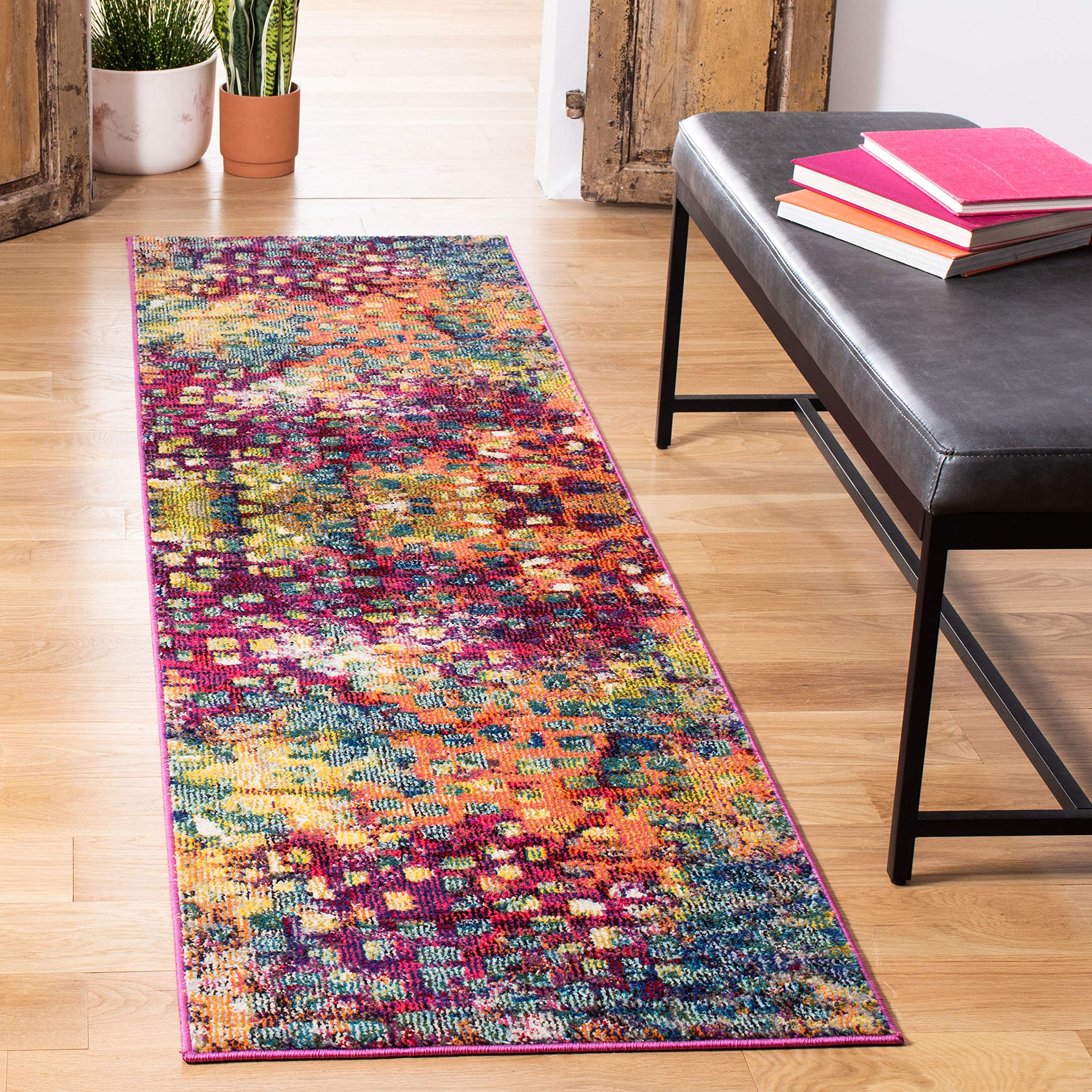 SAFAVIEH Monaco Collection Runner Rug - 22 x 10, Pink & Multi, Boho Chic Abstract Watercolor Design, Non-Shedding & Easy Care,