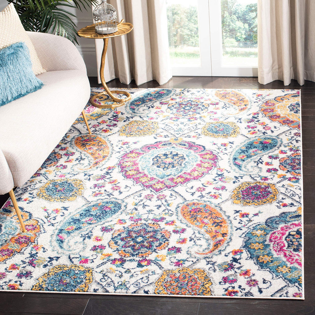 Safavieh Madison Collection 2'3'' X 12' Cream Turquoise Mad600E Boho Chic Glam Paisley Non-Shedding Living Room Bedroom Runner R