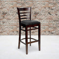 2 Pk. Walnut Finished Ladder Back Wooden Restaurant Barstool - Black Vinyl Seat