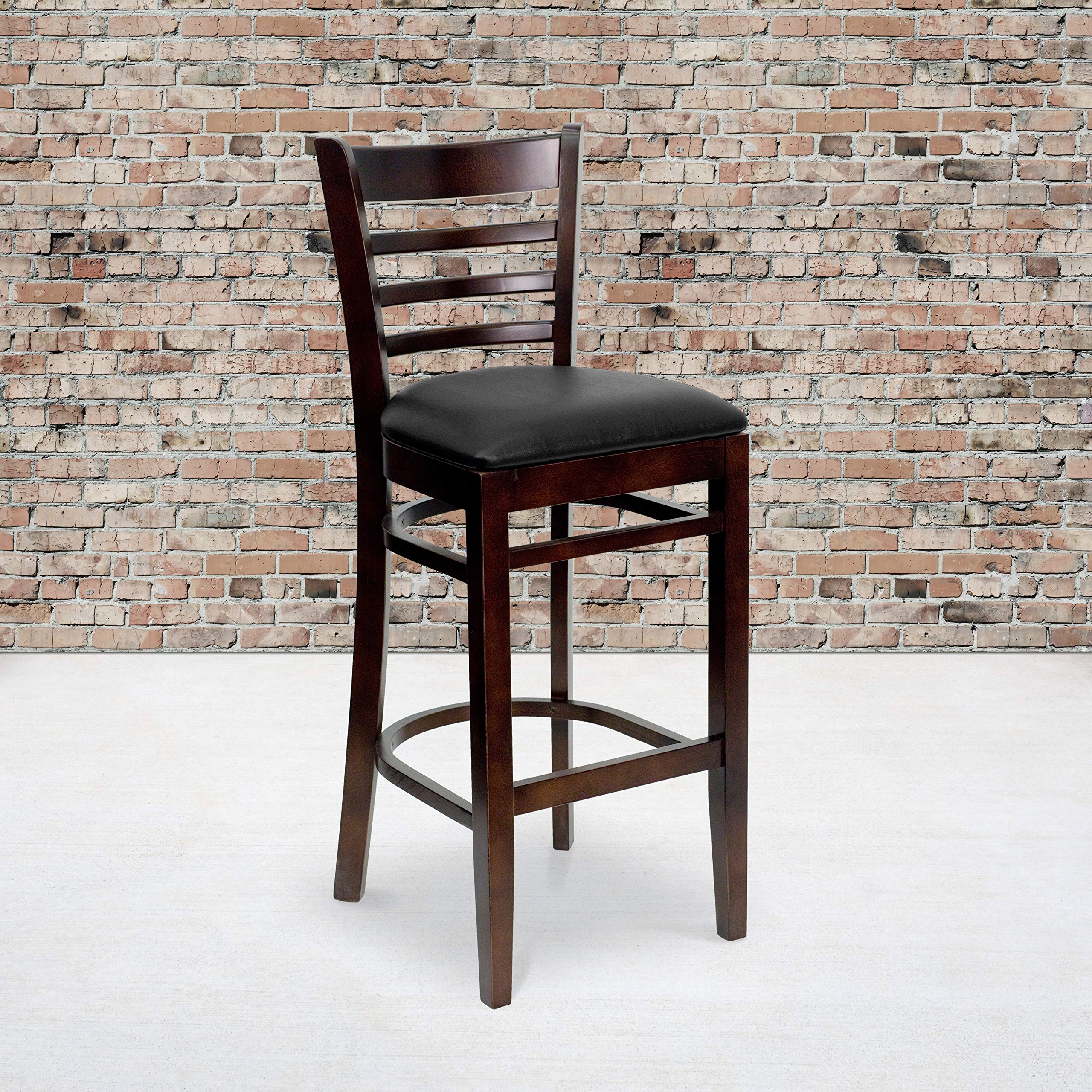 2 Pk. Walnut Finished Ladder Back Wooden Restaurant Barstool - Black Vinyl Seat