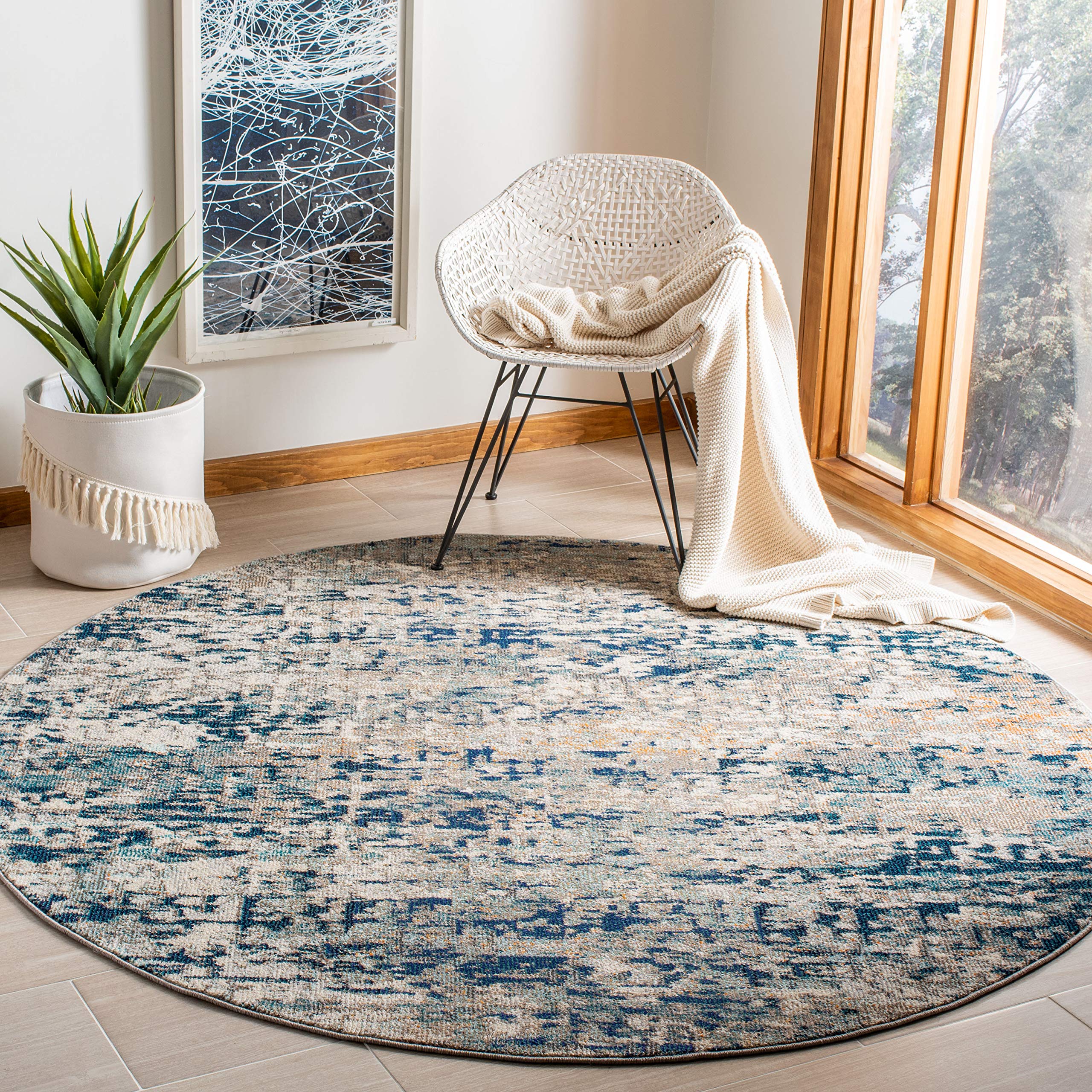 SAFAVIEH Madison Collection 3 Round Grey/Blue MAD460K Modern Abstract Non-Shedding Dining Room Entryway Foyer Living Room Bedro