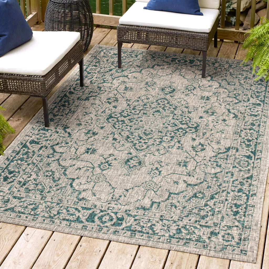Jonathan Y Smb102C-8 Rozetta Boho Medallion Textured Weave Indoor Outdoor -Area Rug Coastal Bohemian Rustic Glam Easy-Cleaning Bedroom Kitchen Backyard Patio Non Shedding, 8 X 10, Gray/Teal