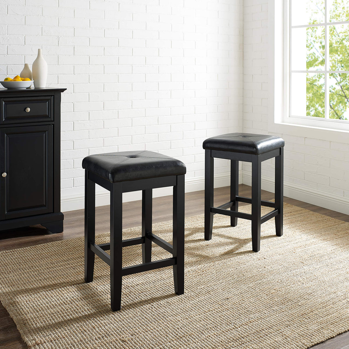 Crosley Furniture Upholstered Square Seat Counter Height Bar Stools Set of 2, Black, 24-inch