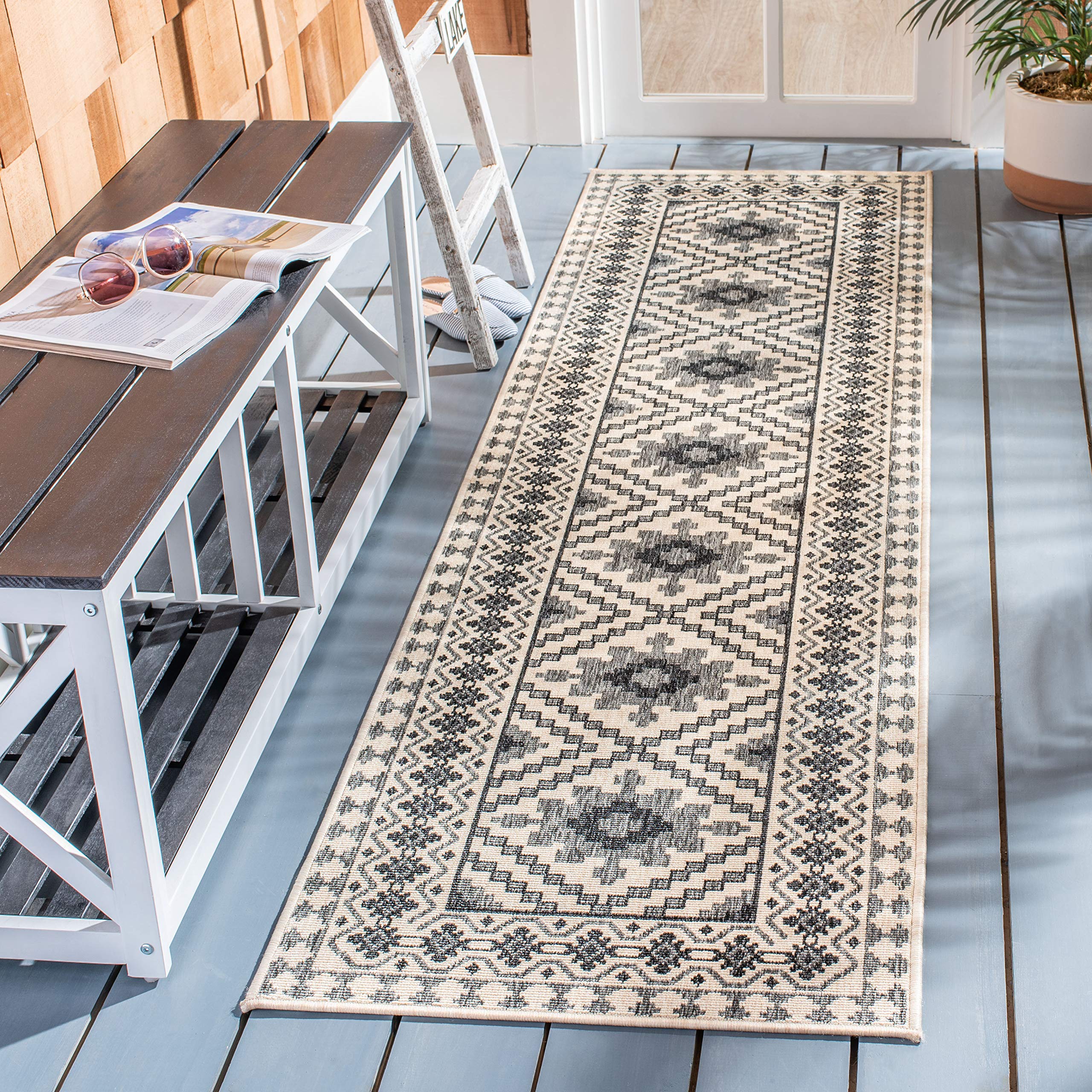 Safavieh Veranda Collection 2'3' X 10' Ivory / Slate Ver099 Boho Indoor/ Outdoor Non-Shedding Easy Scrubbing Patio Backyard Porc