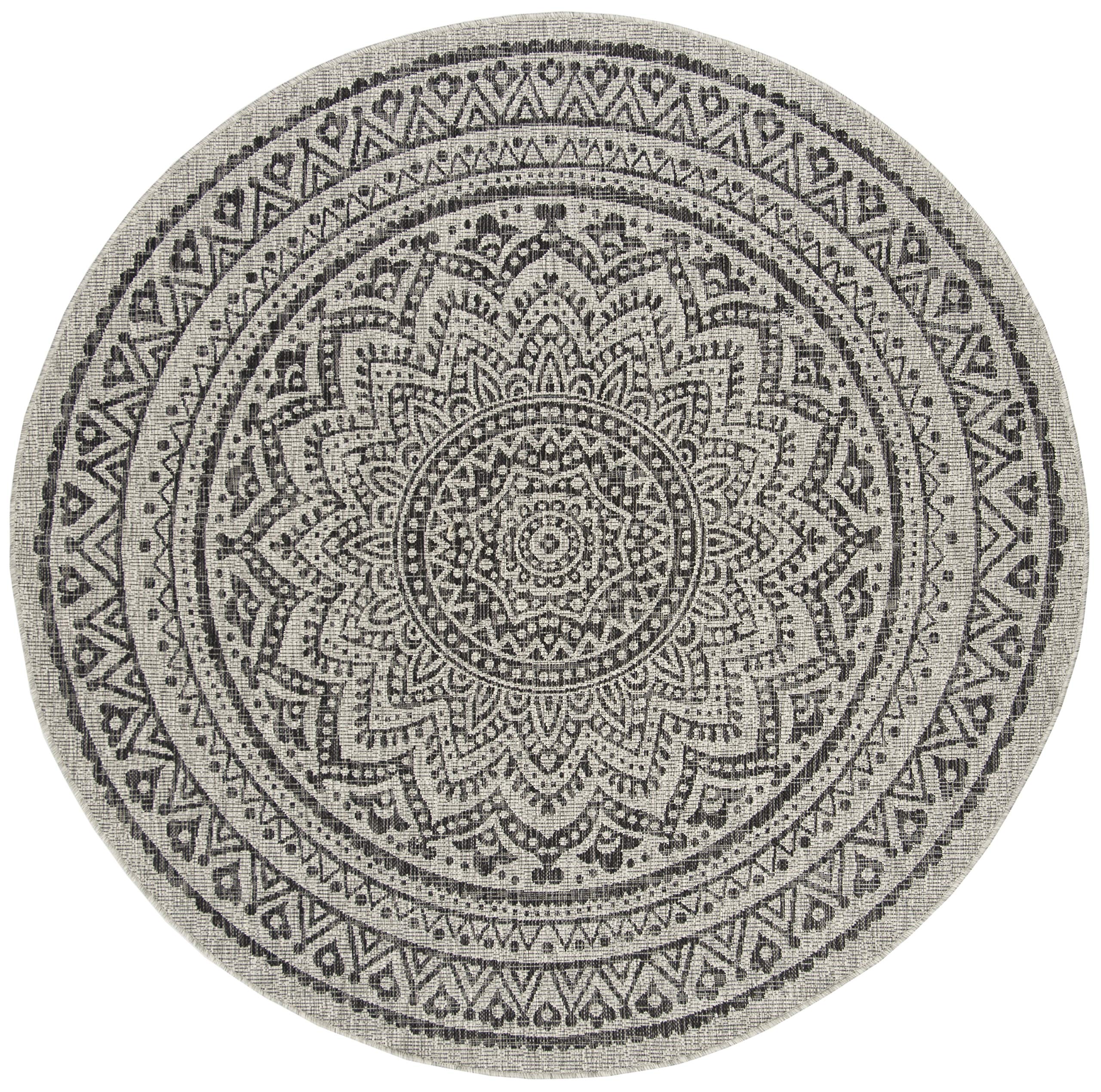 Safavieh Courtyard Collection 7'10' Round Light Grey/Black Cy8734 Indoor/ Outdoor Waterproof Easy Cleaning Patio Backyard Mudroom Area Rug