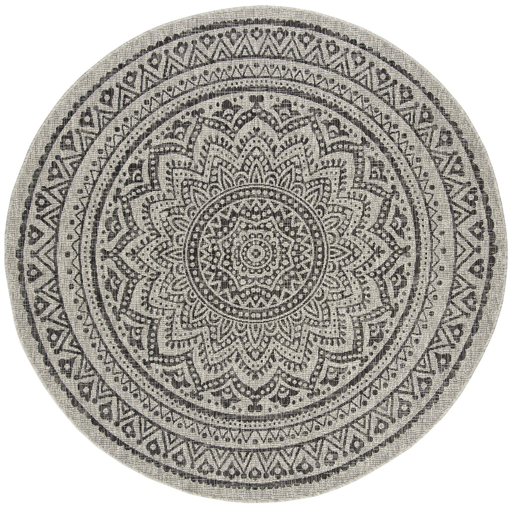 Safavieh Courtyard Collection 6'7' Round Light Grey/Black Cy8734 Indoor/ Outdoor Waterproof Easy Cleaning Patio Backyard Mudroom Area Rug