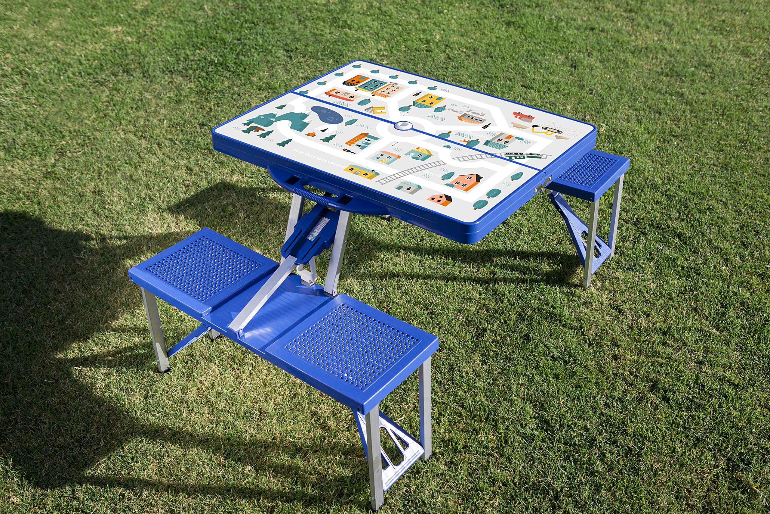 Oniva Play Town Folding Picnic Table, Camping Table, Outdoor Table With Umbrella Hole, (Blue)