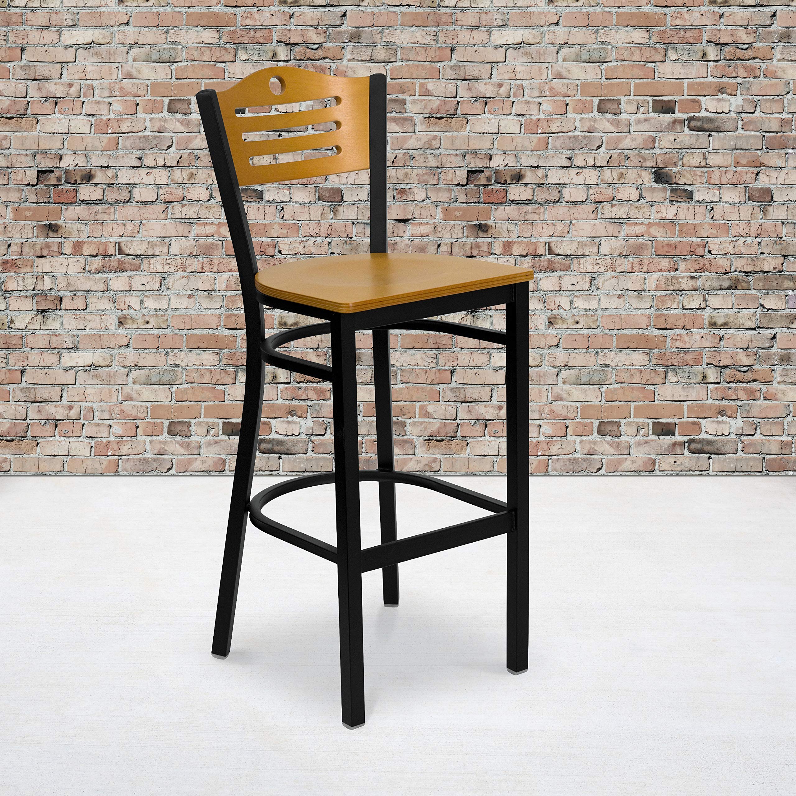 2 Pk. Black Slat Back Metal Restaurant Barstool - Natural Wood Back & Seat