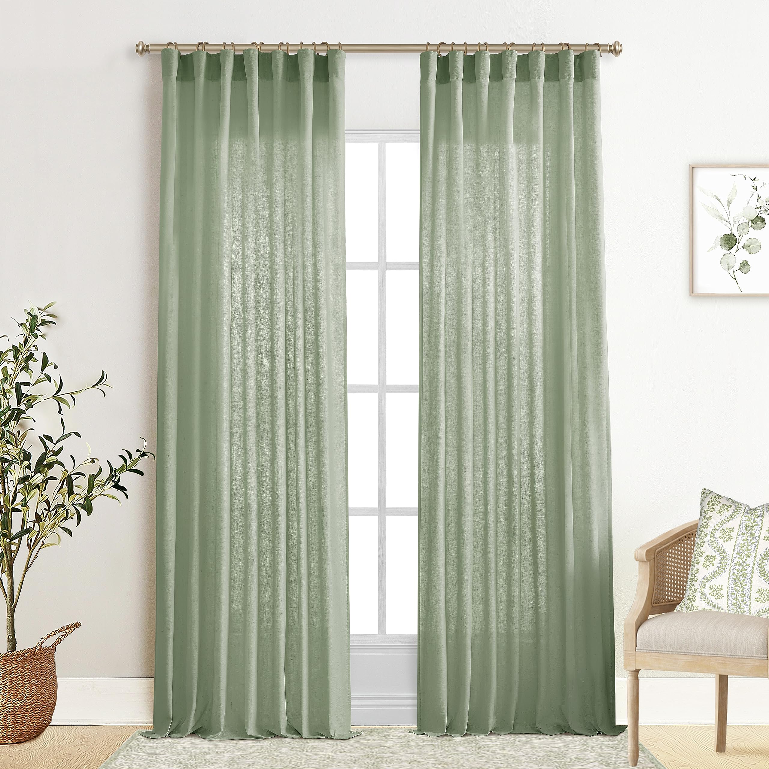 XTMYI Sage Green Curtains 84 Long, 50W, Linen, 2 Panels Set, Heat Blocking, Pleated Back Tab, Ideal for Living Room & Bedroom