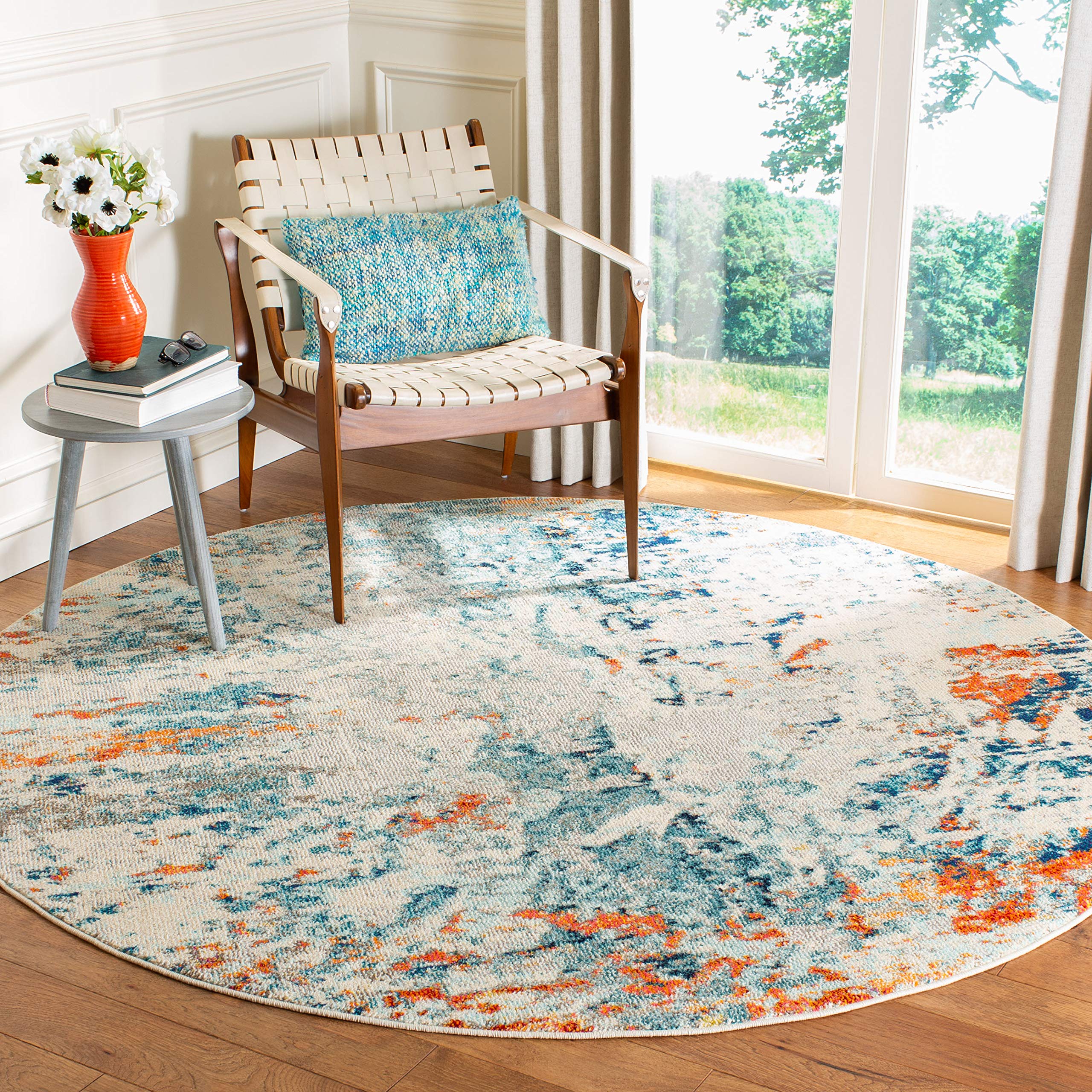 SAFAVIEH Madison Collection 5 Round Cream / Orange MAD478B Modern Abstract Non-Shedding Dining Room Entryway Foyer Living Room 