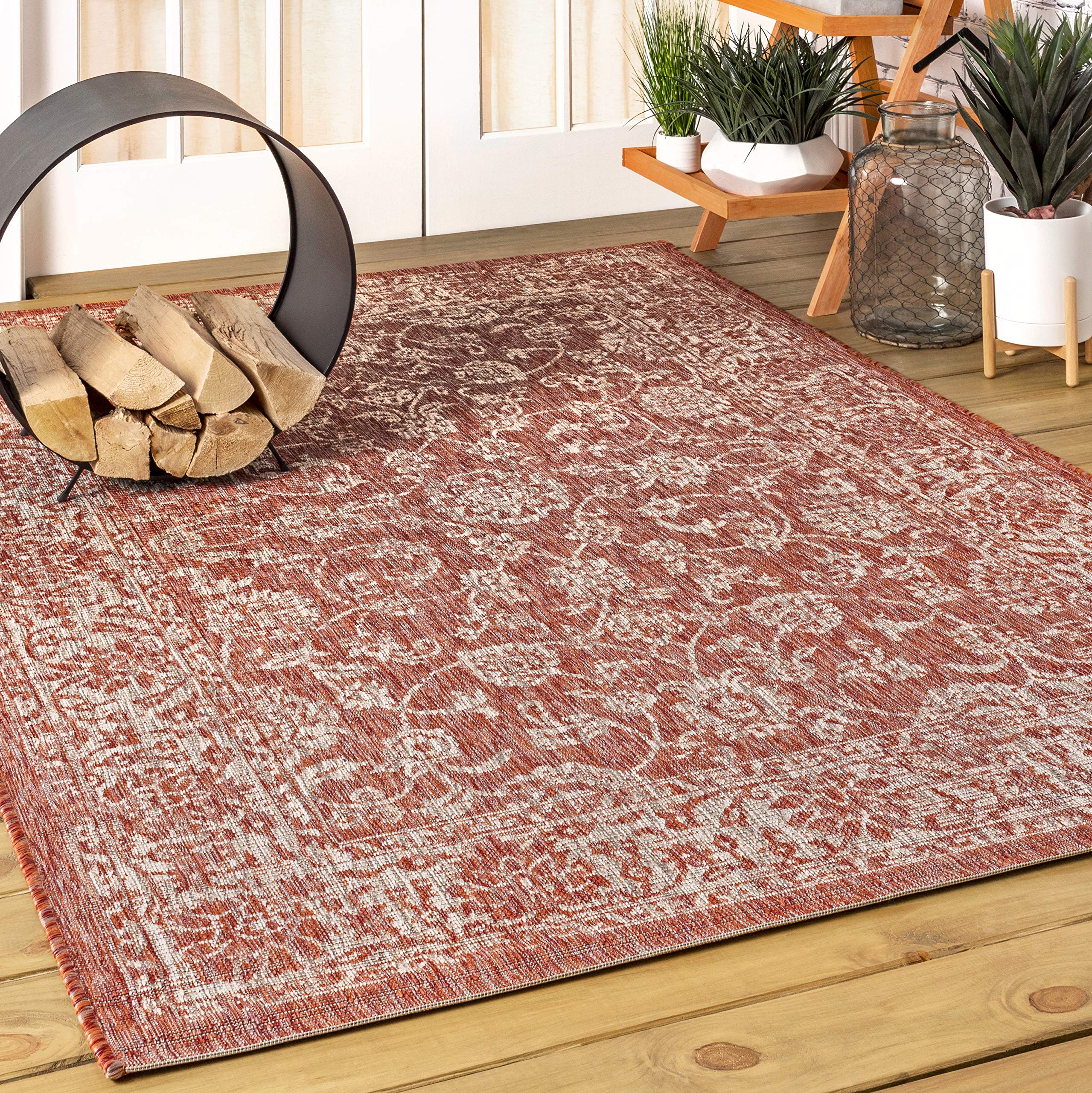 JONATHAN Y SMB100A-6 Tela Bohemian Textured Weave Floral Red/Taupe 6 ft. x 9 ft. Indoor/Outdoor Area Rug, Pet Friendly, Non-Shed