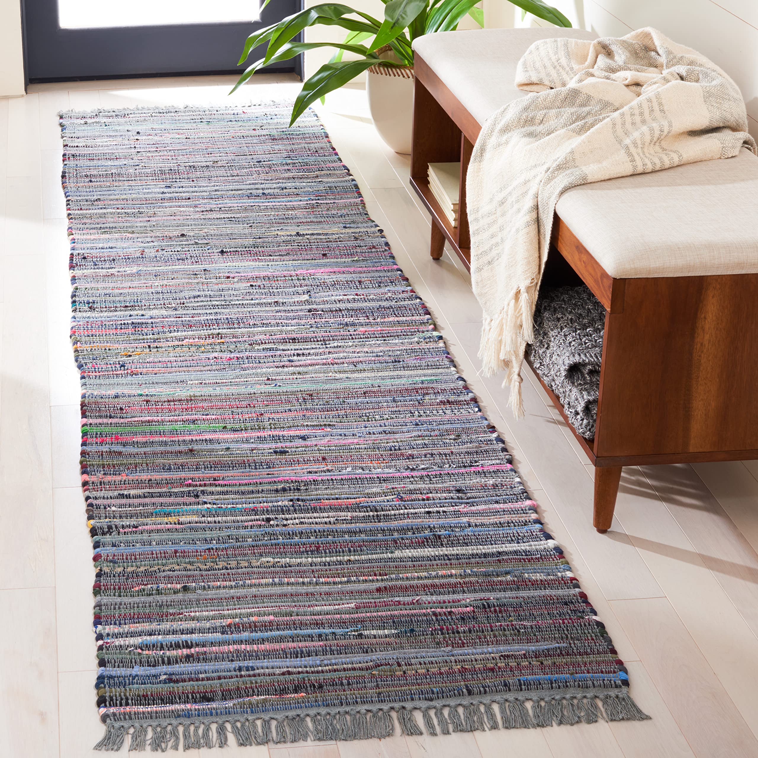 SAFAVIEH Rag Rug Collection Runner Rug - 23 x 9, Aqua & Multi, Handmade Boho Stripe Cotton, Ideal for High Traffic Areas in Li