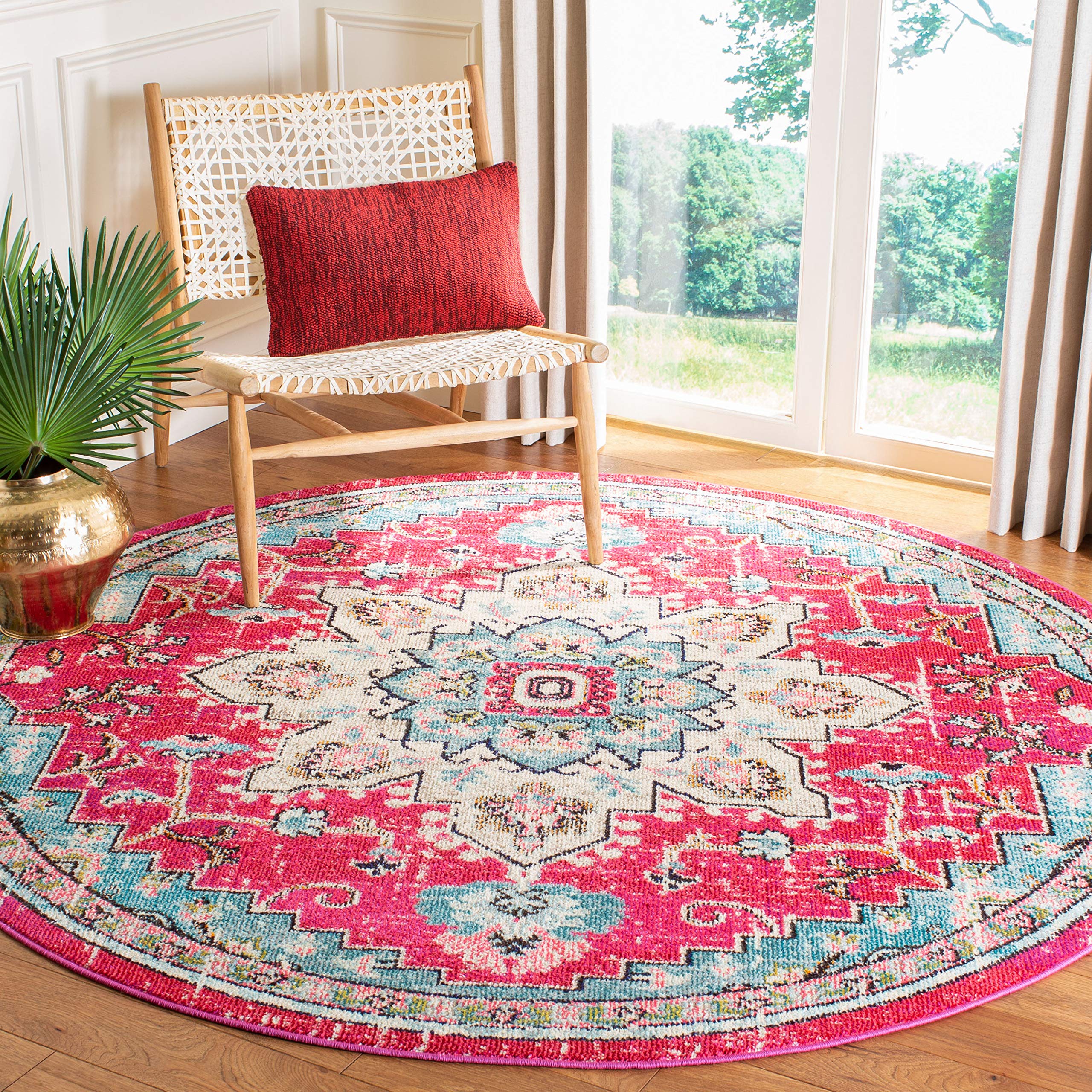 SAFAVIEH Madison Collection 67 Round Fuchsia/Blue MAD473A Boho Chic Medallion Distressed Non-Shedding Dining Room Entryway Foye