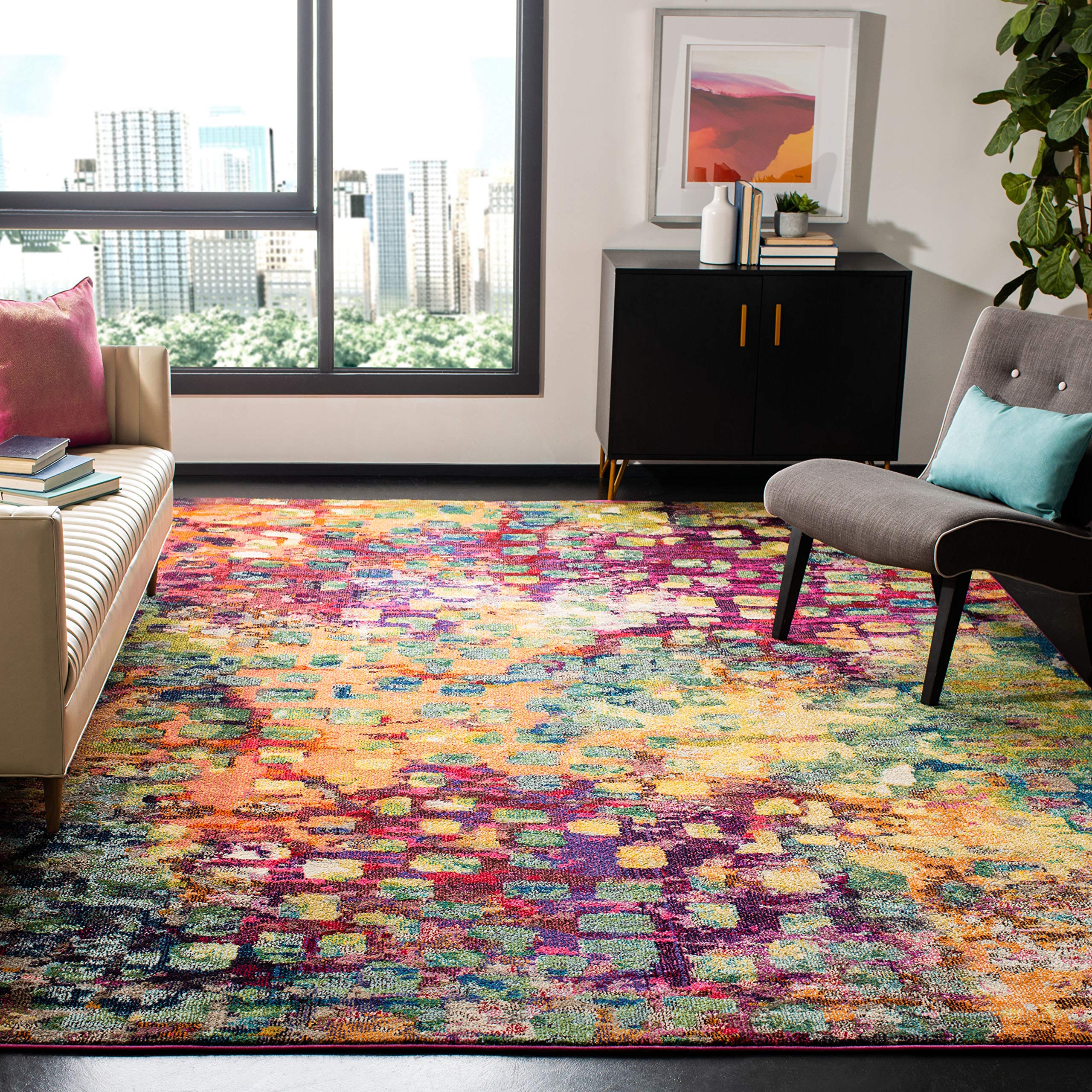 SAFAVIEH Monaco Collection Area Rug - 8 x 10, Pink & Multi, Boho Chic Abstract Watercolor Design, Non-Shedding & Easy Care, Id