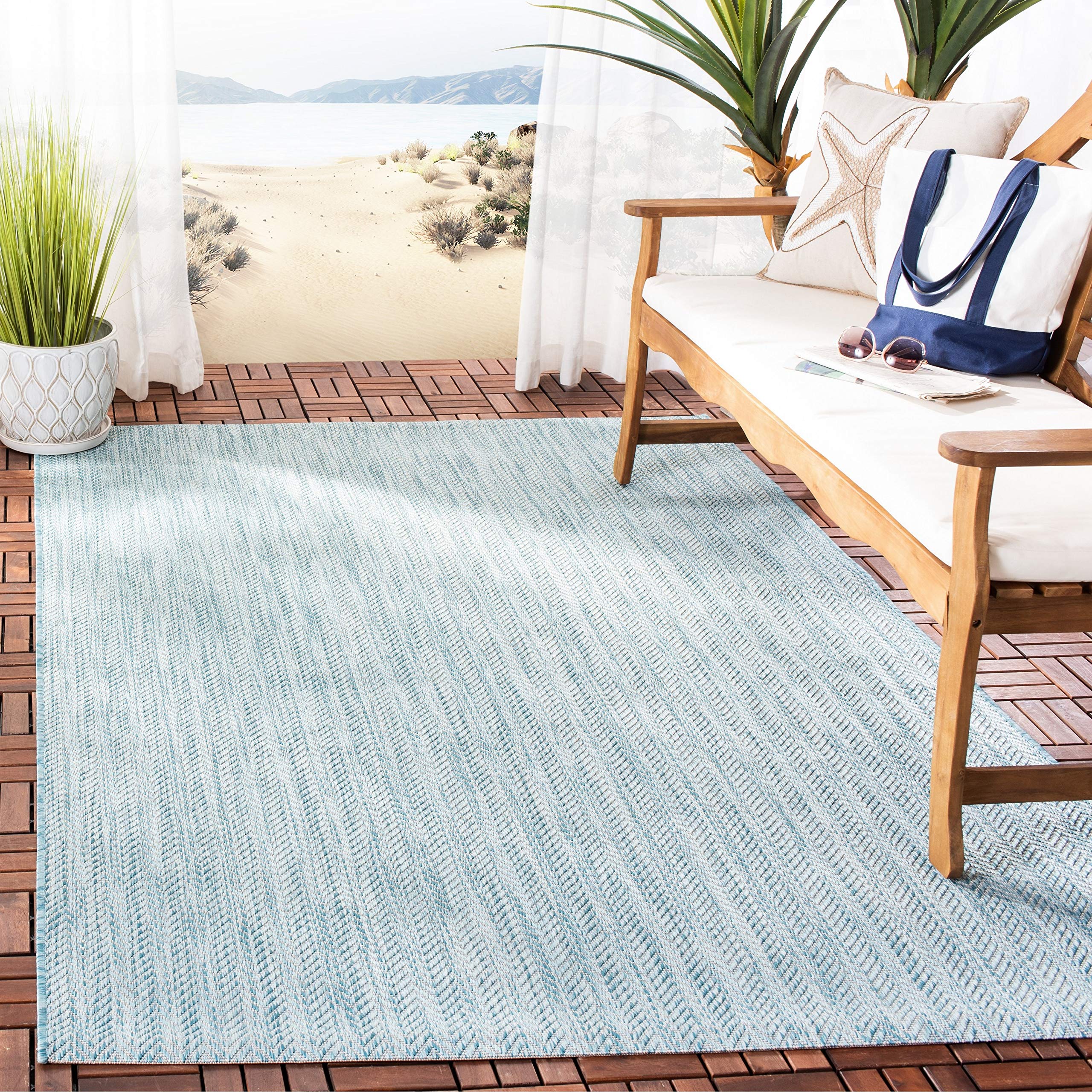 SAFAVIEH Courtyard Collection Area Rug - 9' x 12', Aqua & Grey, Non-Shedding & Easy Care, Indoor/Outdoor & Washable-Ideal for Pa