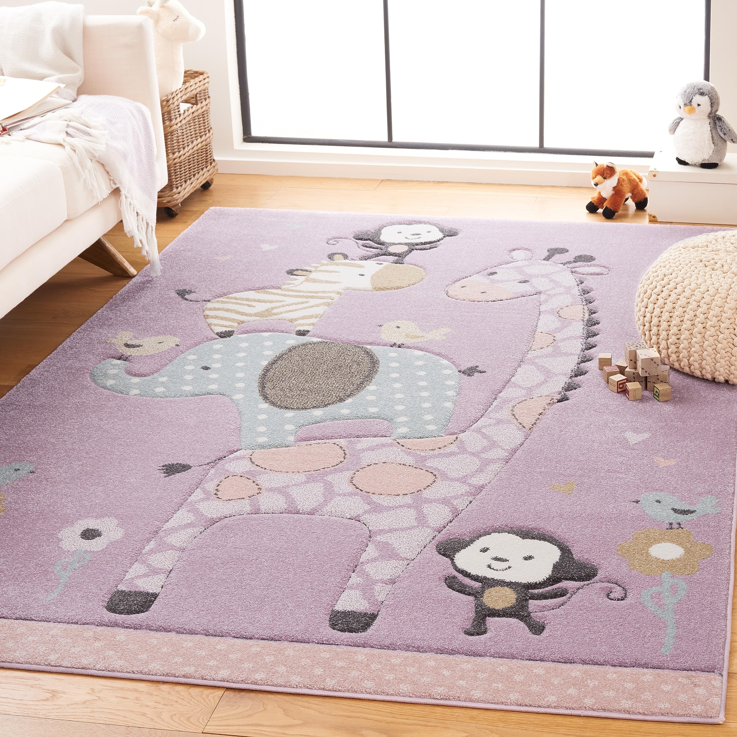 SAFAVIEH Carousel Kids Collection Area Rug - 53 x 76, Purple, Animal Design, Ideal for High Traffic Area for Boys & Girls in P