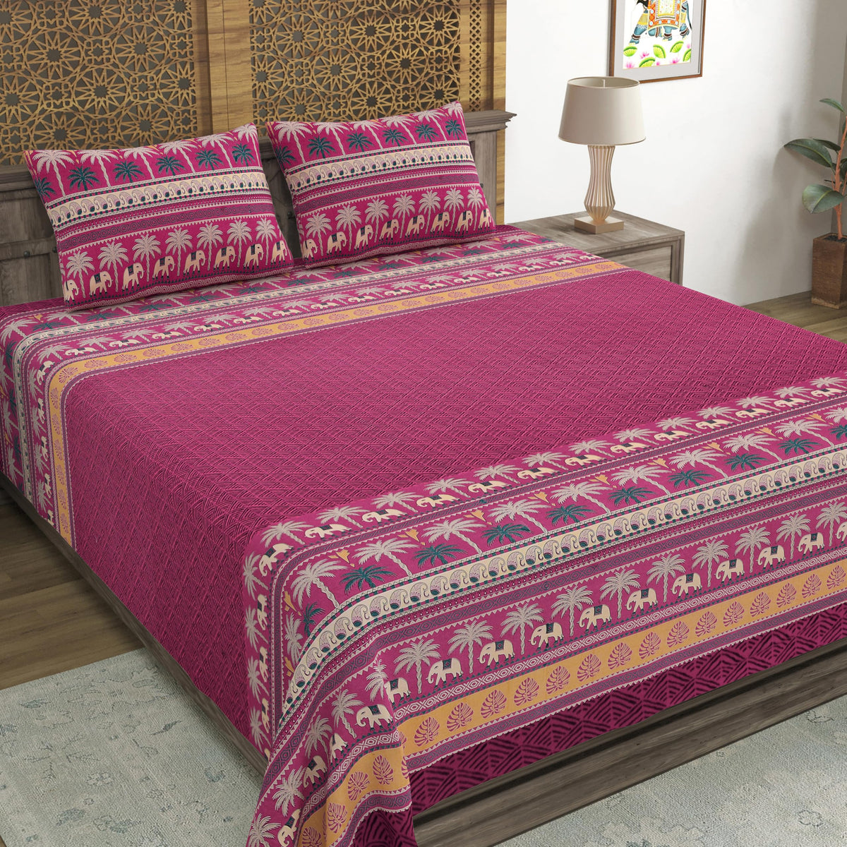 BLOCKS OF INDIA Hand Block Printed 200 TC Cotton Super King Size Bedsheet(106 x 106) | Pack of 1, Batik Maroon Elephant