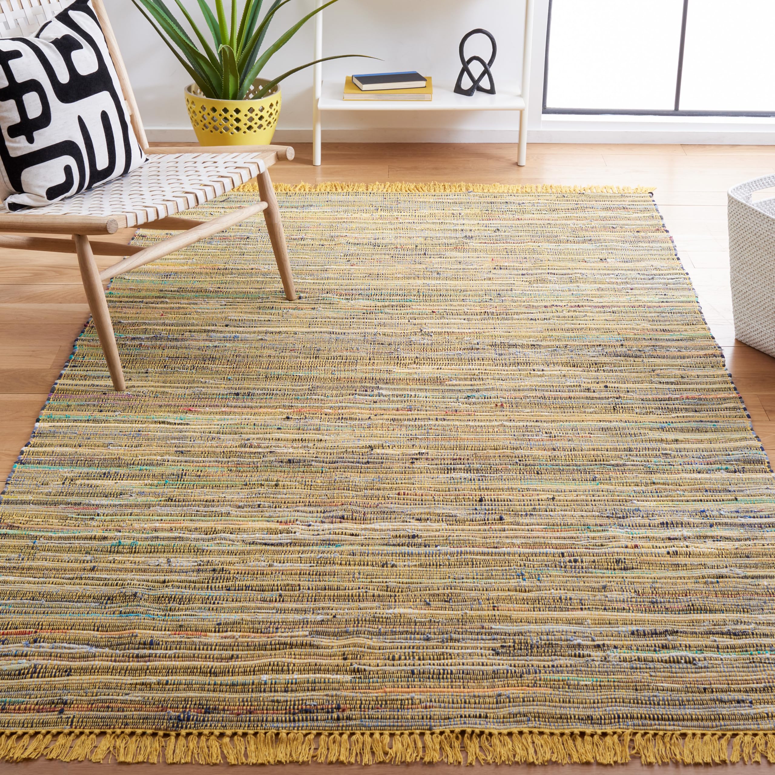 SAFAVIEH Rag Rug Collection Accent Rug - 4 x 6, Yellow & Multi, Handmade Boho Stripe Cotton, Ideal for High Traffic Areas in E