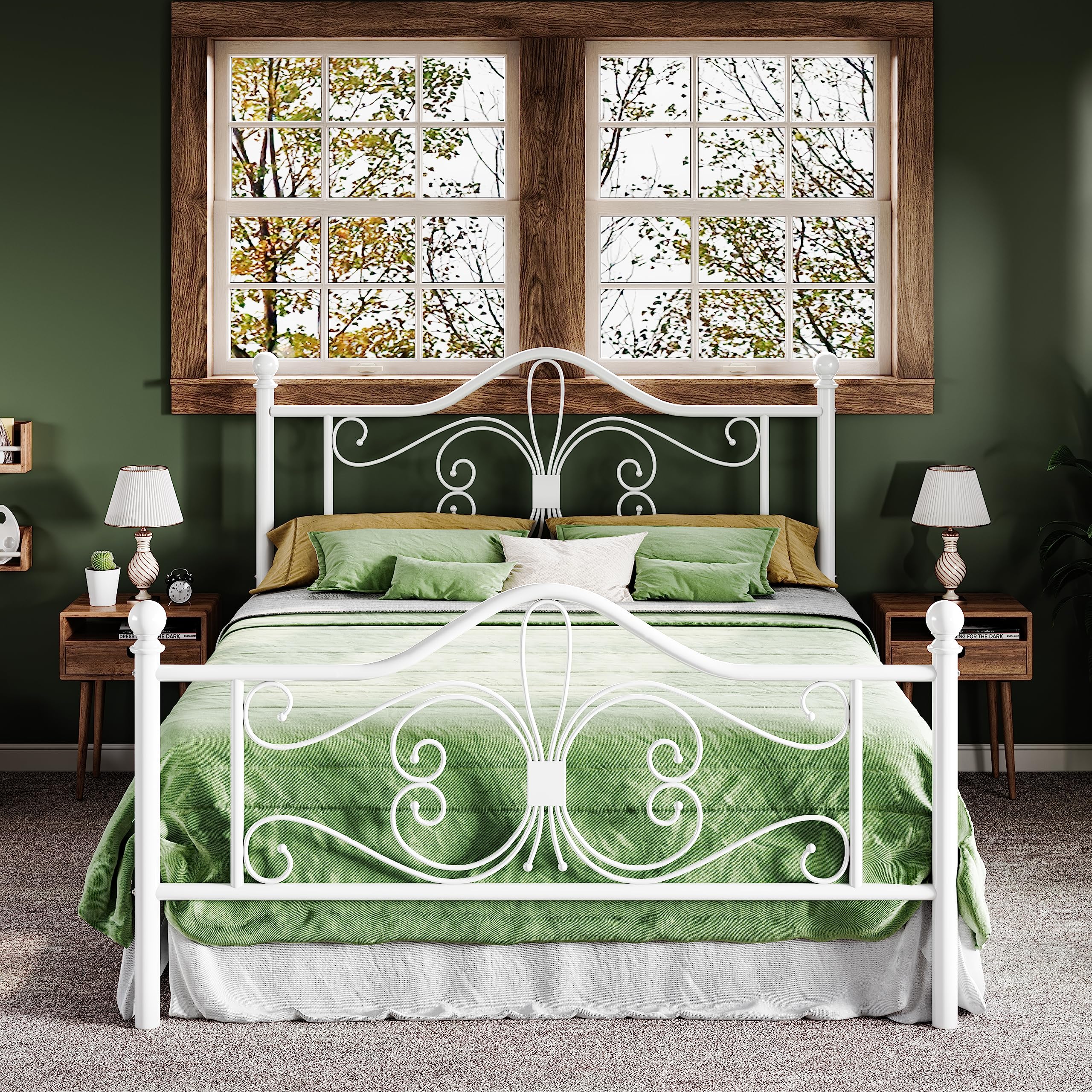 Allewie Queen Size Bed Frame with Headboard,Metal Bed Frame with Butterfly Pattern Design Headboard & Footboard,No Box Spring Ne