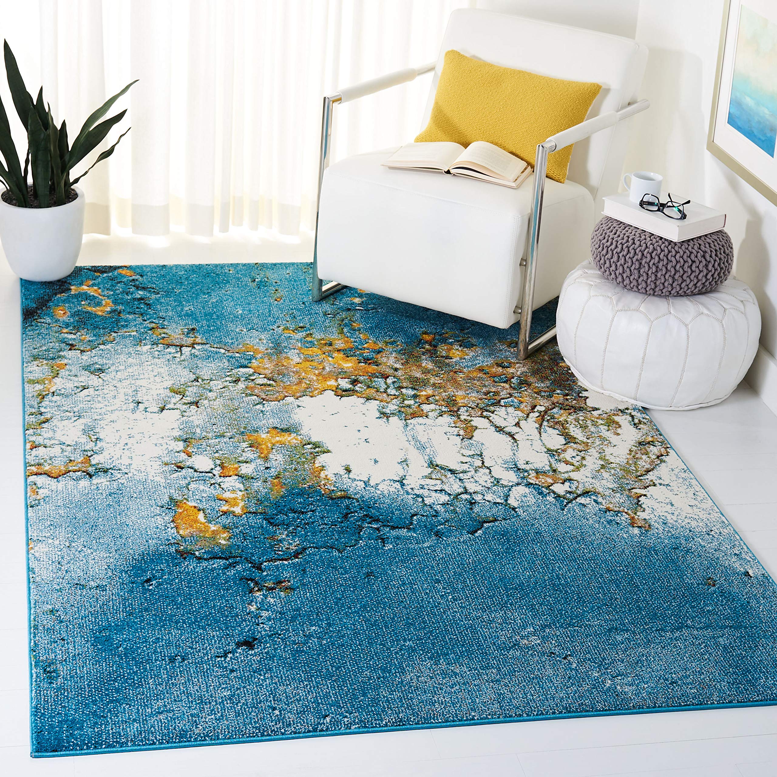 SAFAVIEH Glacier Collection 27 x 5 Blue/Gold GLA125M Modern Abstract Non-Shedding Living Room Bedroom Area Rug
