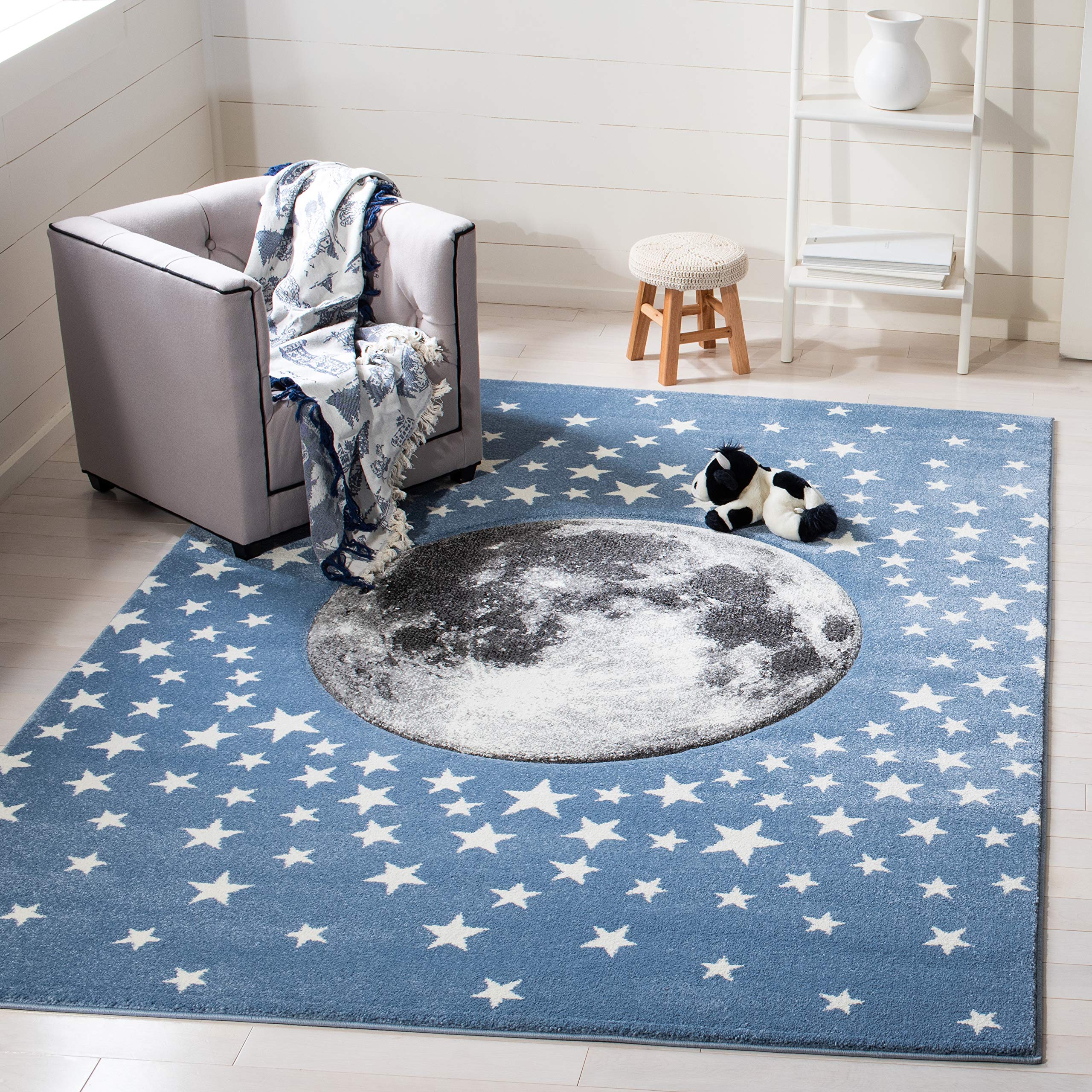 SAFAVIEH Carousel Kids Collection Area Rug - 53 Square, Light Blue & Grey, Non-Shedding & Easy Care, Ideal for High Traffic Are