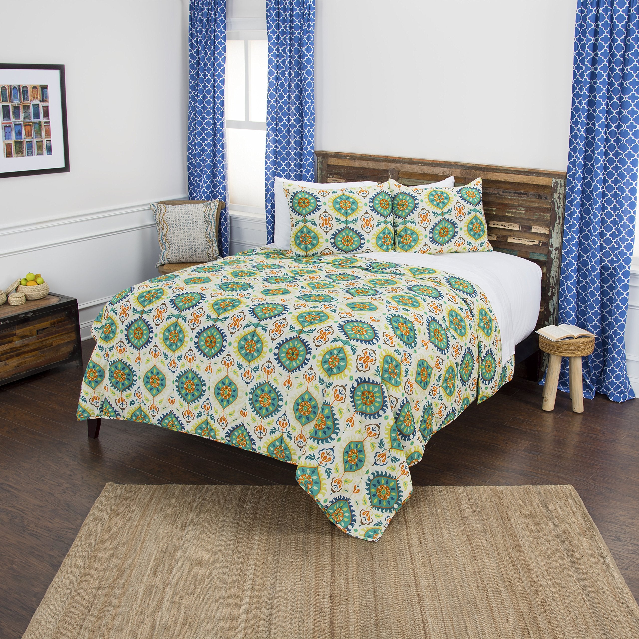 Rizzy Home | BQ4619 | Polyester Quilt | 90"x92" Yellow/Green/Orange Geometric