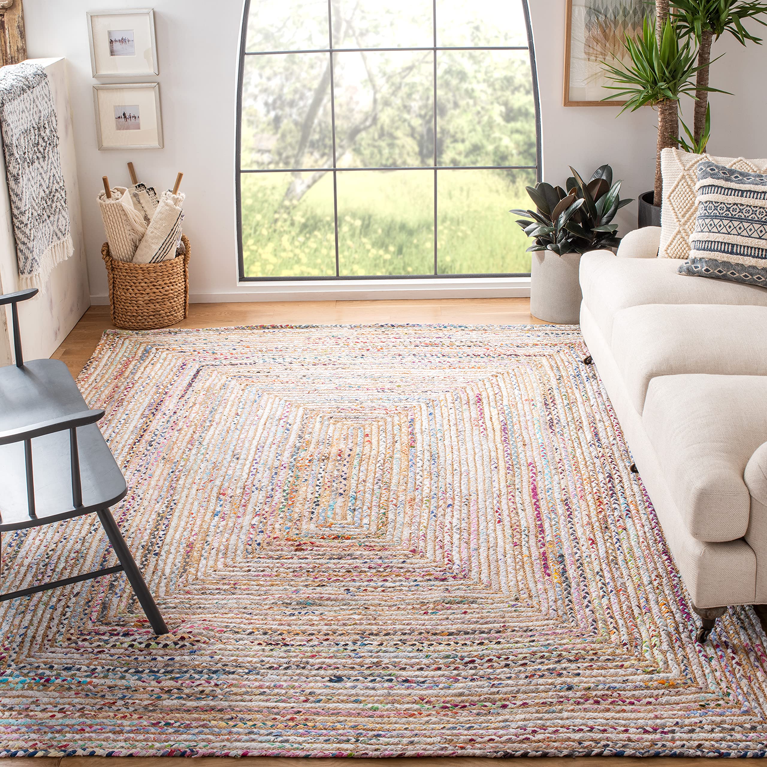 SAFAVIEH Cape Cod Collection 9 Square Beige / Multi CAP202B Handmade Boho Braided Jute & Cotton Area Rug