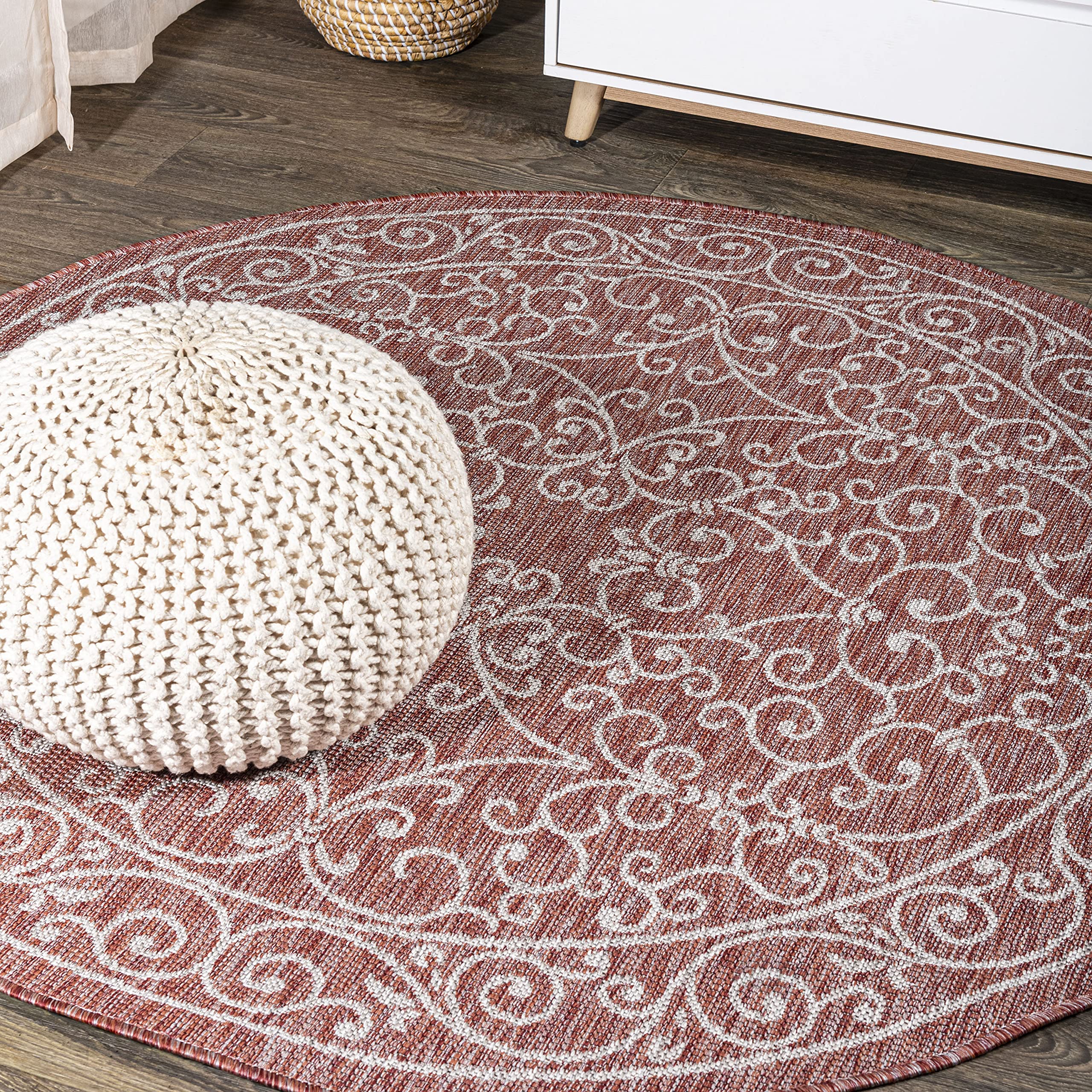 JONATHAN Y SMB106B-8R Charleston Vintage Filigree Textured Weave Red/Beige 8 Round Indoor/Outdoor Area Rug, Pet Friendly, Non-S