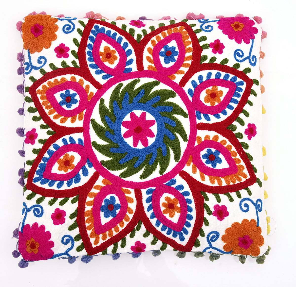 Cotton Suzani Embroidered Cushion Cover | Sofa Decorative Cushion Pillow Cover Cushion Case (White)