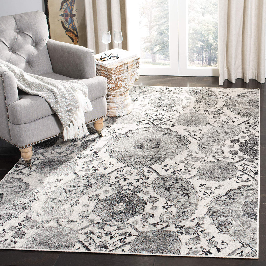 SAFAVIEH Madison Collection Area Rug - 5'3'' Square, Cream & Silver, Boho Chic Glam Paisley Design, Non-Shedding & Easy Care, Id