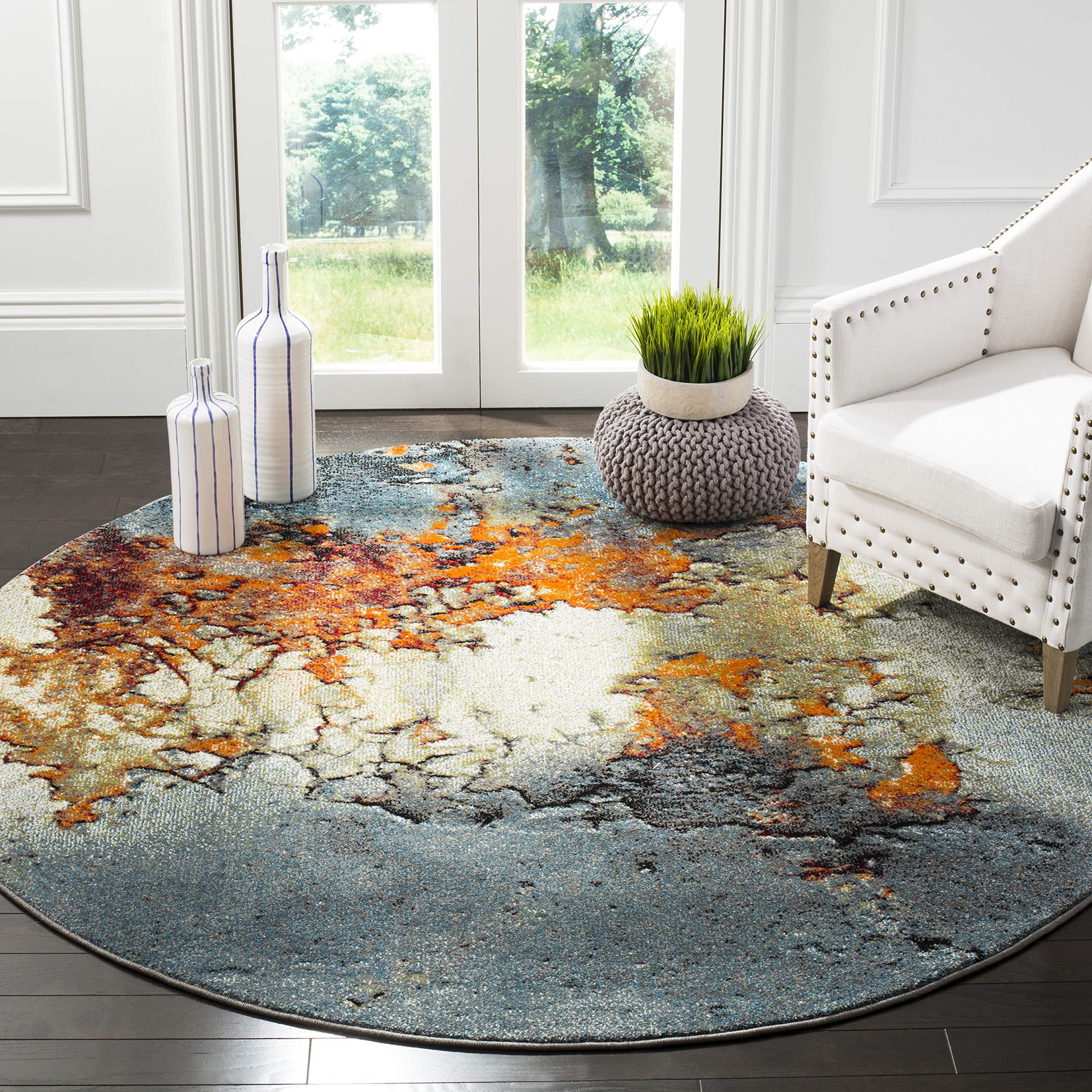 SAFAVIEH Glacier Collection Area Rug - 78 Round, Blue & Multi, Modern Abstract Design, Non-Shedding & Easy Care, Ideal for High