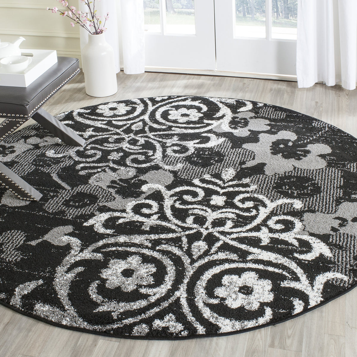 SAFAVIEH Adirondack Collection 3 Round Black/Silver ADR114A Floral Glam Damask Distressed Non-Shedding Living Room Dining Bedro