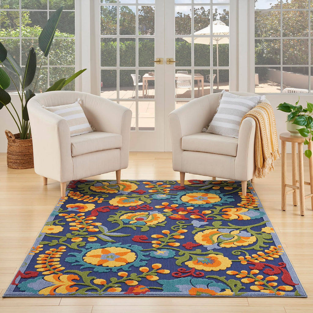 Nourison Aloha Indoor/Outdoor Modern Navy Multicolor 5'3' X 7'5' Area Rug, Easy Cleaning, Non Shedding, Bed Room, Living Room, Dining Room, Backyard, Deck, Patio (5X7)