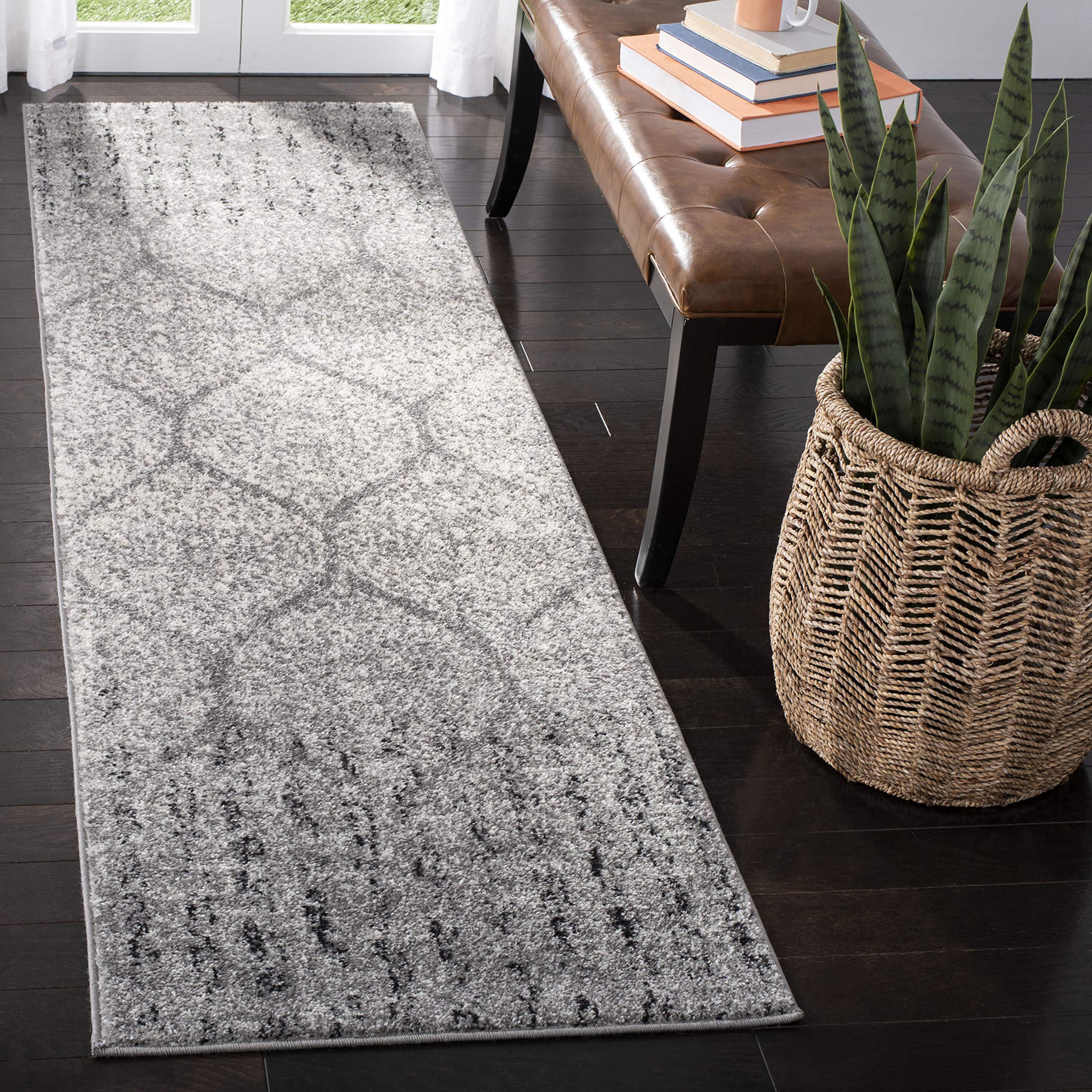 SAFAVIEH Madison Collection Runner Rug - 23 x 16, Grey & Ivory, Glam Ogee Trellis Distressed Design, Non-Shedding & Easy Care,