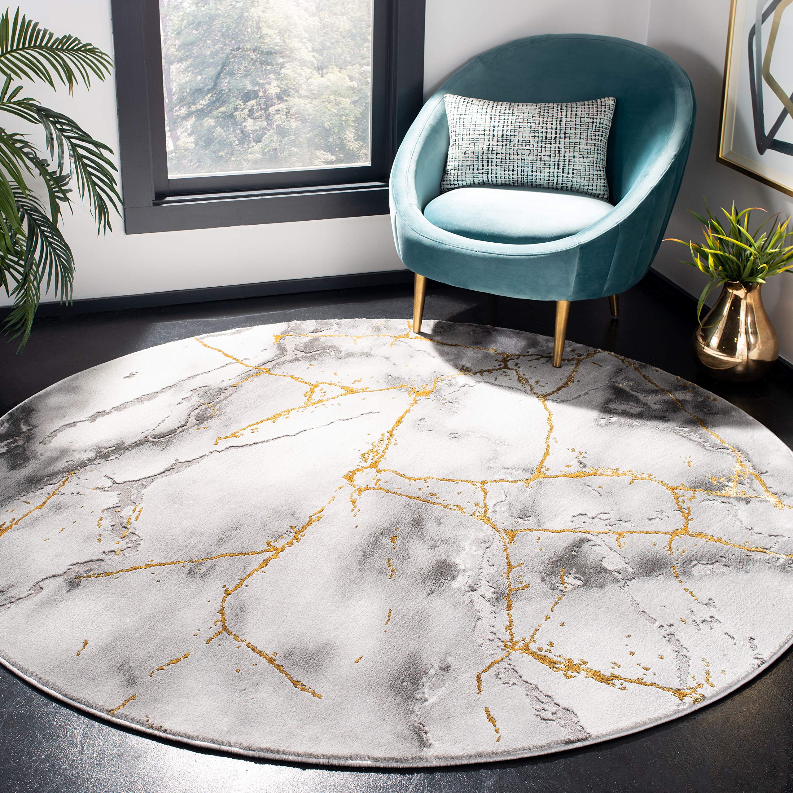 SAFAVIEH Craft Collection Area Rug - 11 Round, Grey & Gold, Modern Abstract Design, Non-Shedding & Easy Care, Ideal for High Tr