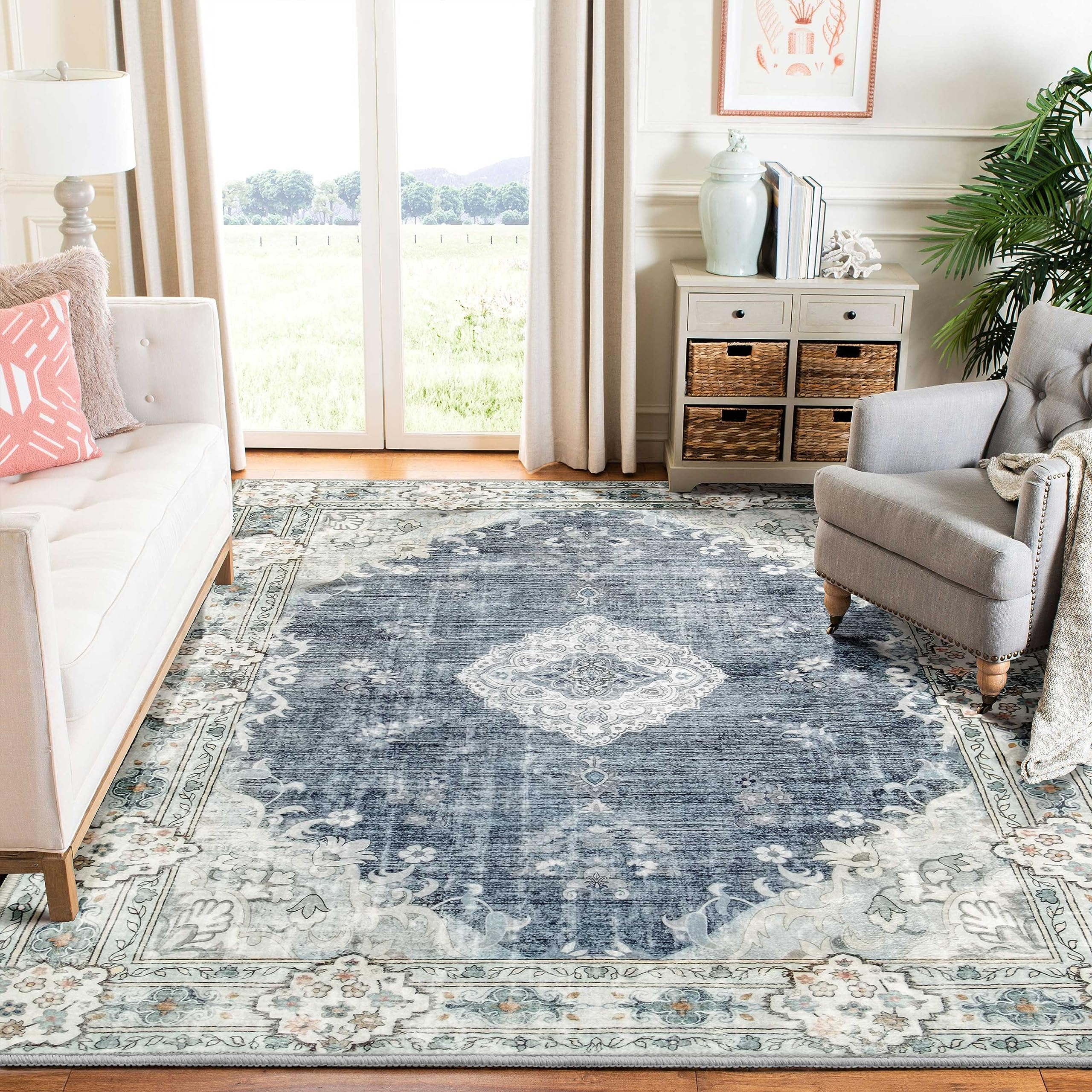MUJOO Blue Grey Rug 6x9 Area Rugs for Living Room Washable Rugs Large Boho Carpet for Bedroom Dining Room Neutral Vintage Farm