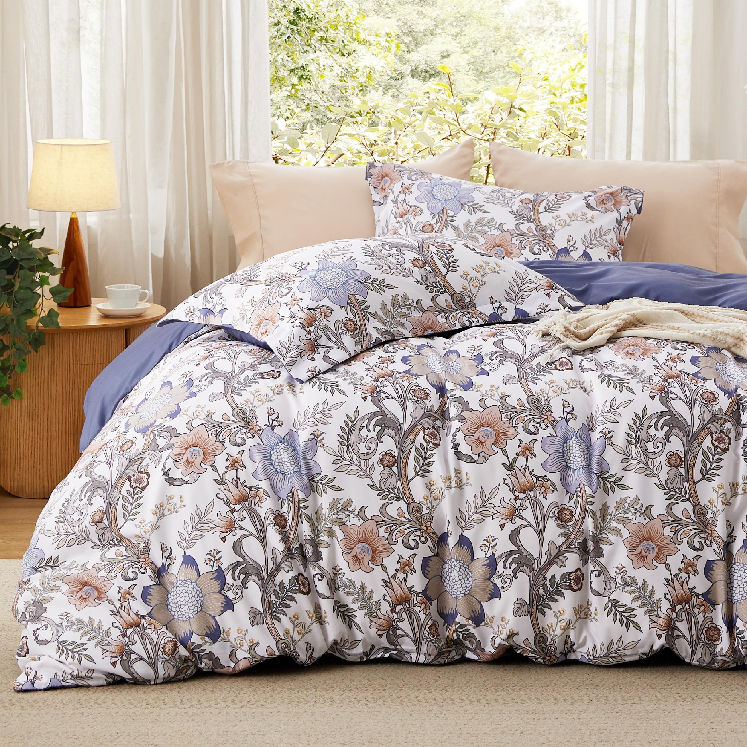 Bedsure Duvet Cover Queen Size - Reversible Blue Duvet Cover Set With Zipper Closure, Blossom Patterned Bedding Comforter Cover,