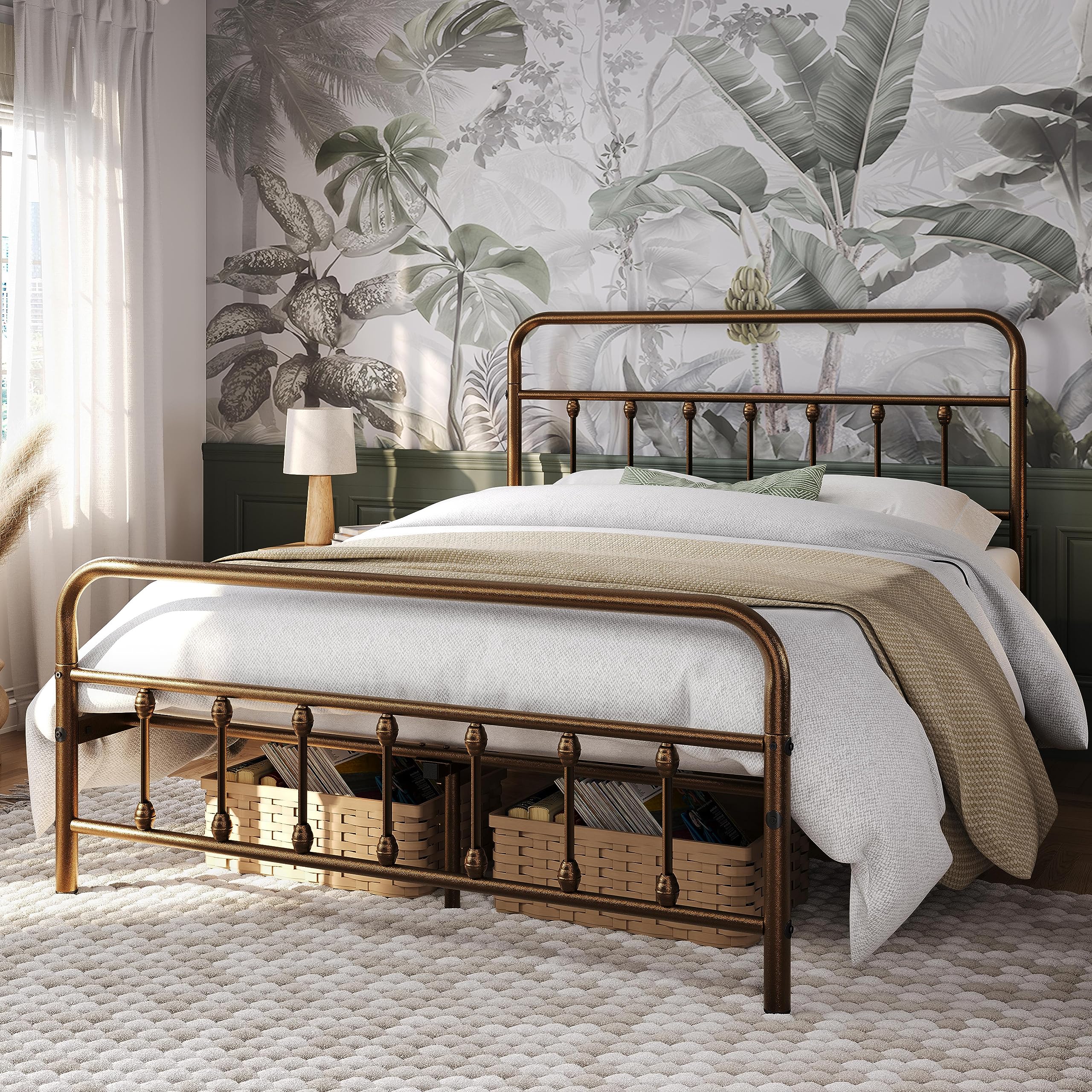 Yaheetech Classic Metal Platform Bed Frame Mattress Foundation With Victorian Style Iron-Art Headboard/Footboard/Under Bed Storage No Box Spring Needed Bronze Full Size