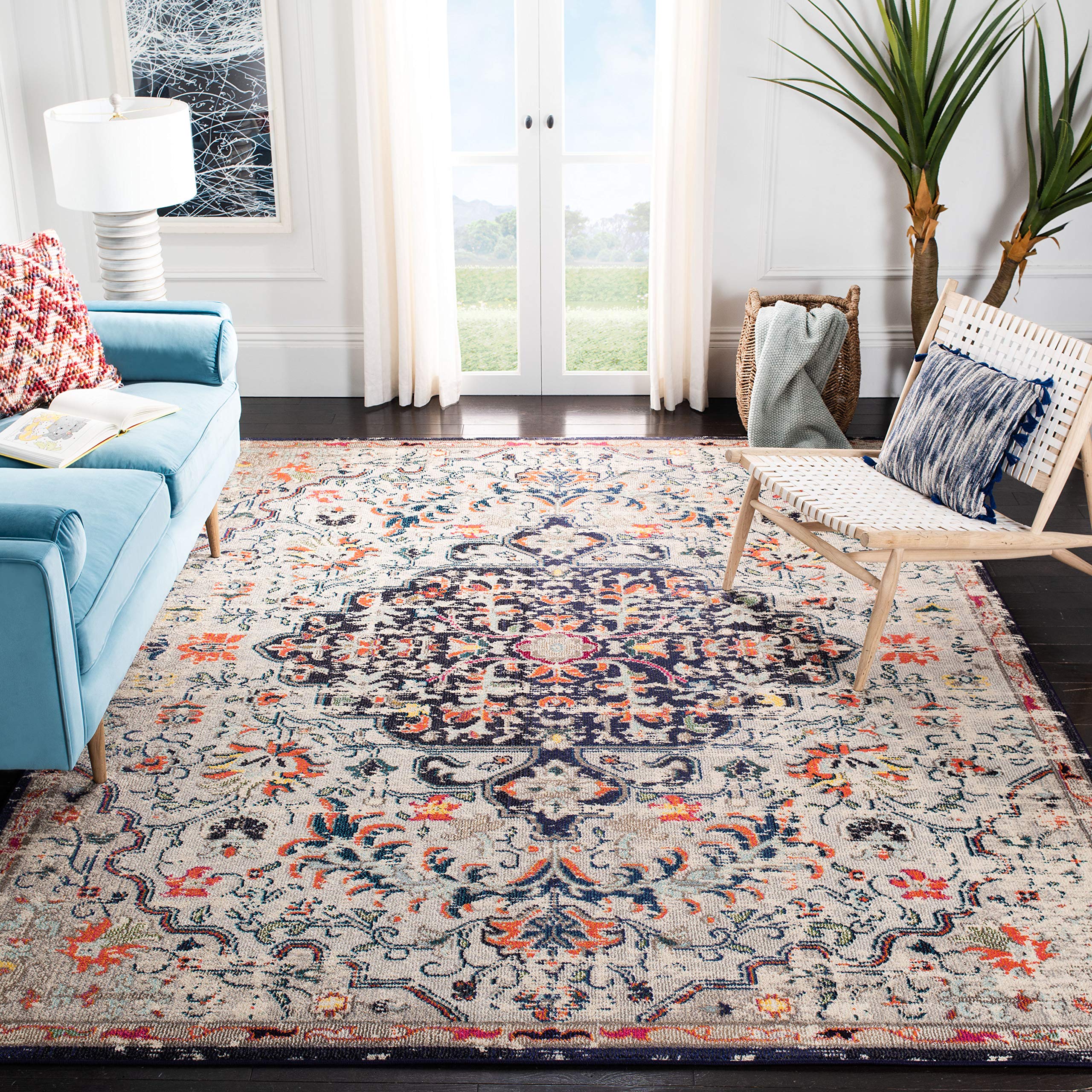 SAFAVIEH Madison Collection 67 Square Beige / Black MAD447B Boho Chic Medallion Distressed Non-Shedding Living Room Bedroom Din