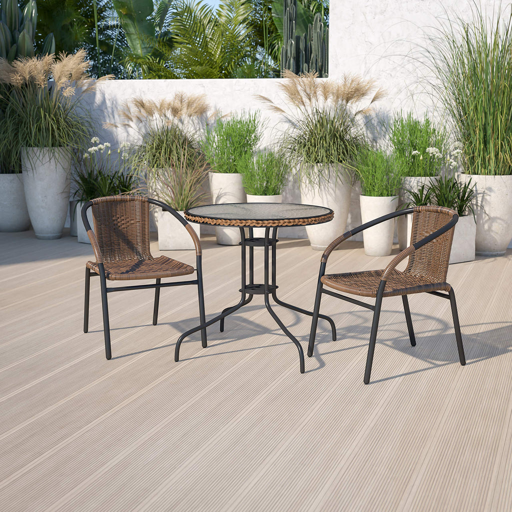 Flash Furniture Lila 28'' Round Glass Metal Table With Dark Brown Rattan Edging And 2 Dark Brown Rattan Stack Chairs