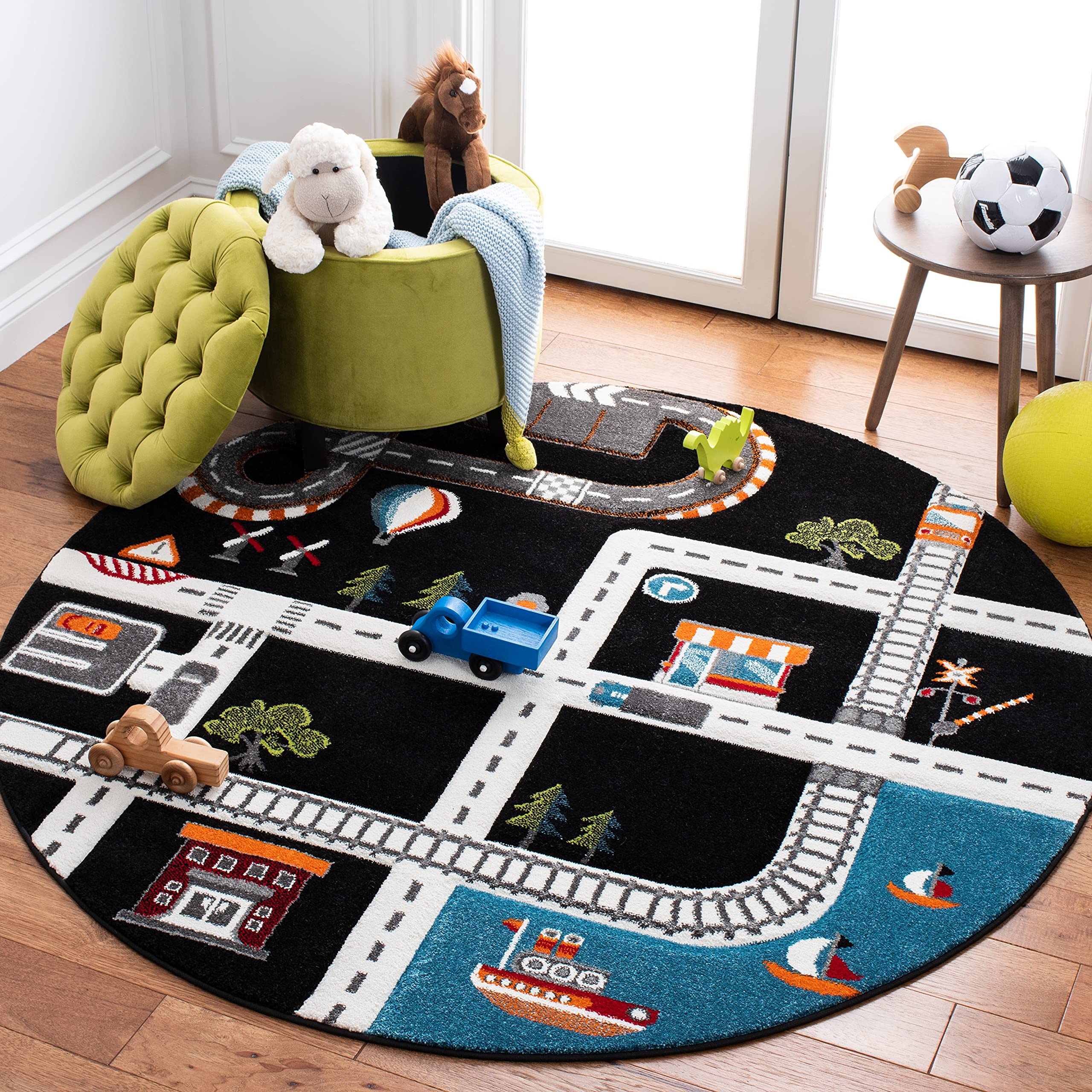SAFAVIEH Carousel Kids Collection 53 Round Black/Ivory CRK192Z Neighborhood Non-Shedding Playroom Nursery Bedroom Area Rug