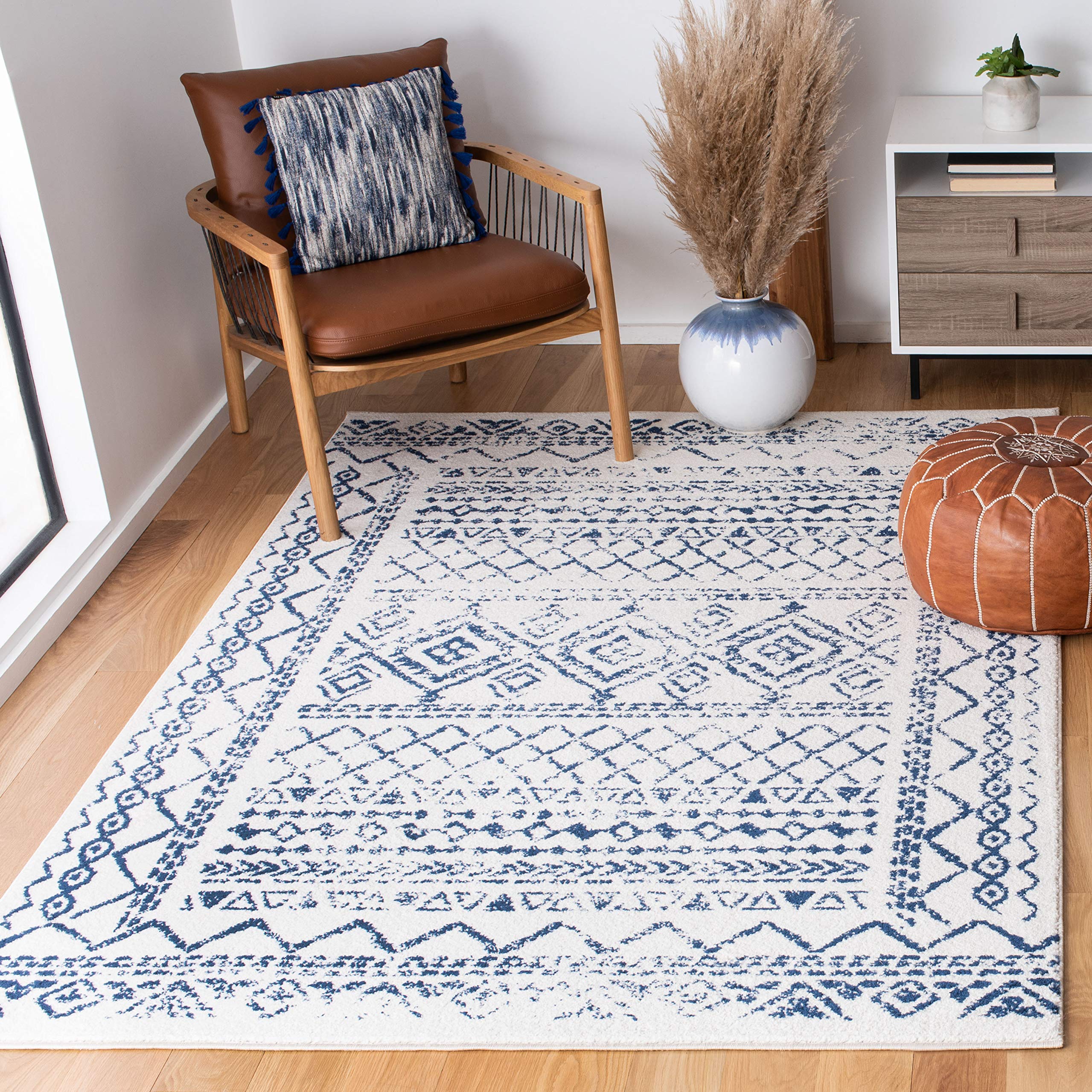 SAFAVIEH Tulum Collection X-Large Area Rug - 12 x 15, Ivory & Navy, Moroccan Boho Distressed Design, Non-Shedding & Easy Care,