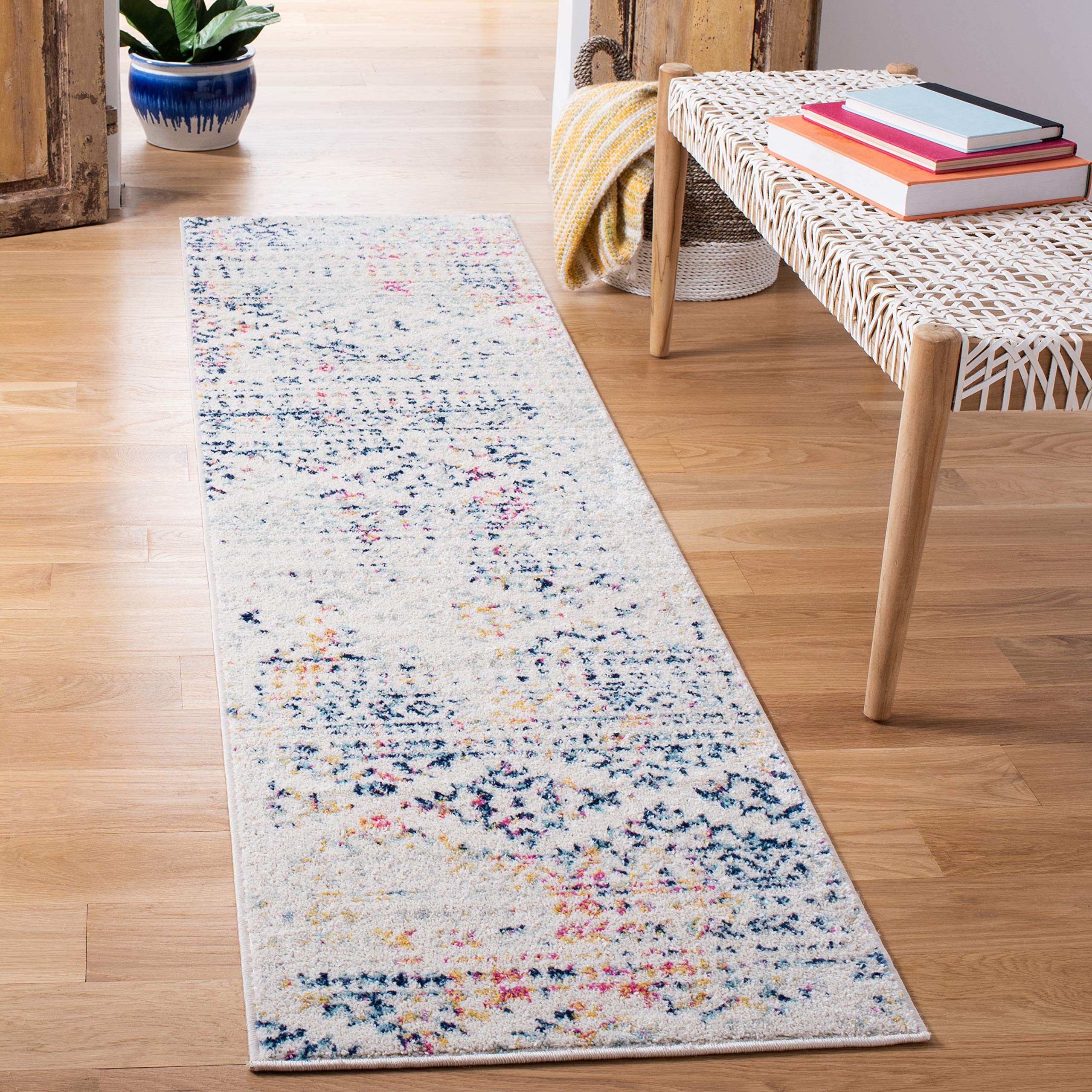 SAFAVIEH Tulum Collection Runner Rug - 2 x 9, Ivory & Blue, Moroccan Boho Tribal Design, Non-Shedding & Easy Care, Ideal for H