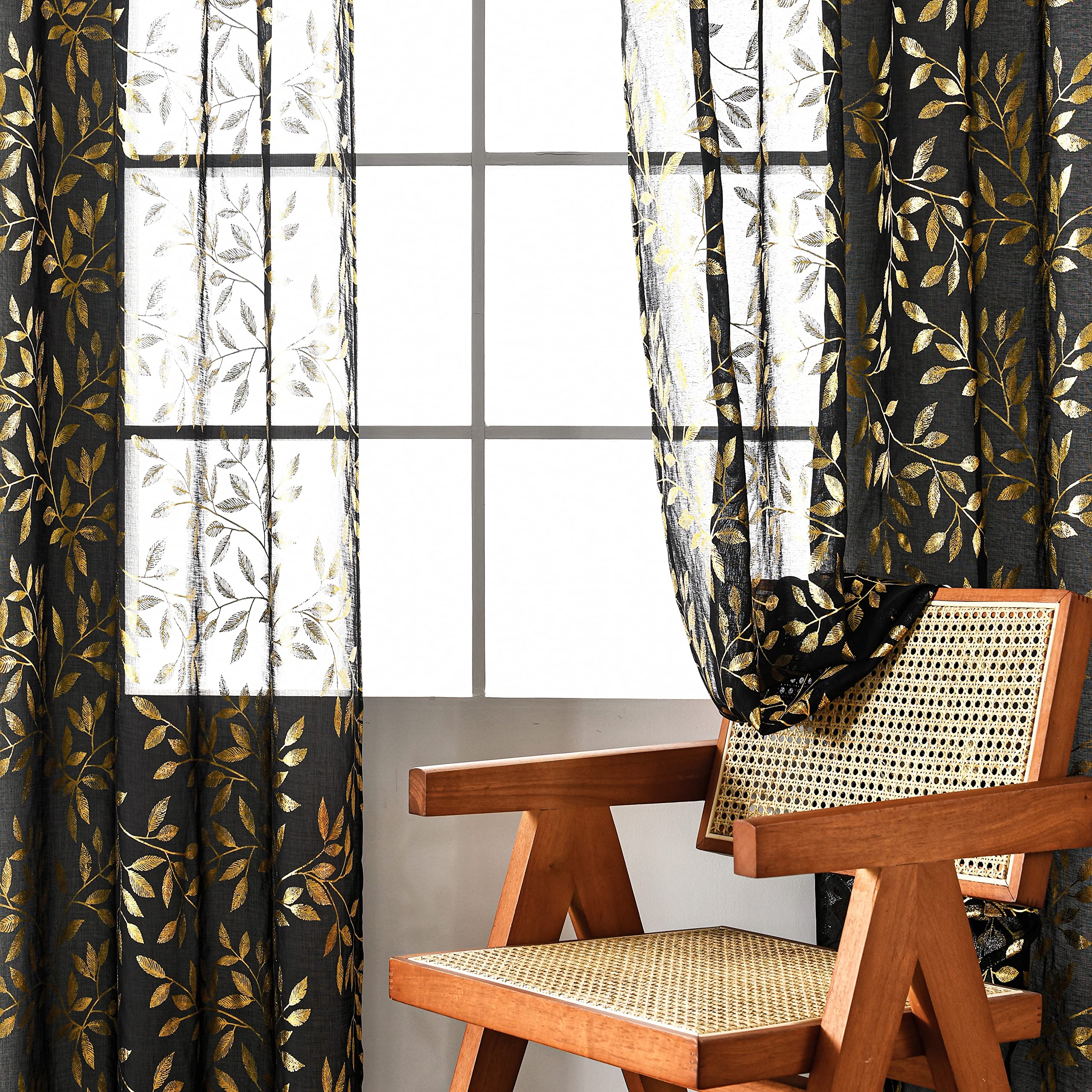 Sutuo Home Black Sheer Curtains 63 Inch Length 2 Panels Set,Gold Foil Print Metallic Bronzing Leaves, Privacy Window Treatment D