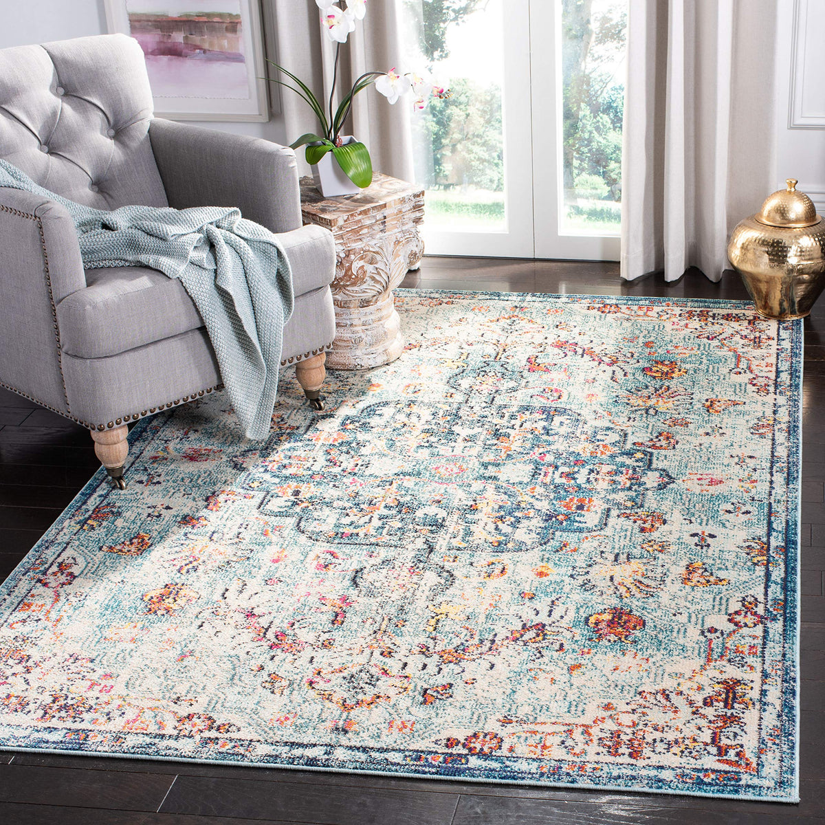 SAFAVIEH Madison Collection Area Rug - 53 x 76, Navy & Light Blue, Boho Chic Medallion Distressed Design, Non-Shedding & Easy 