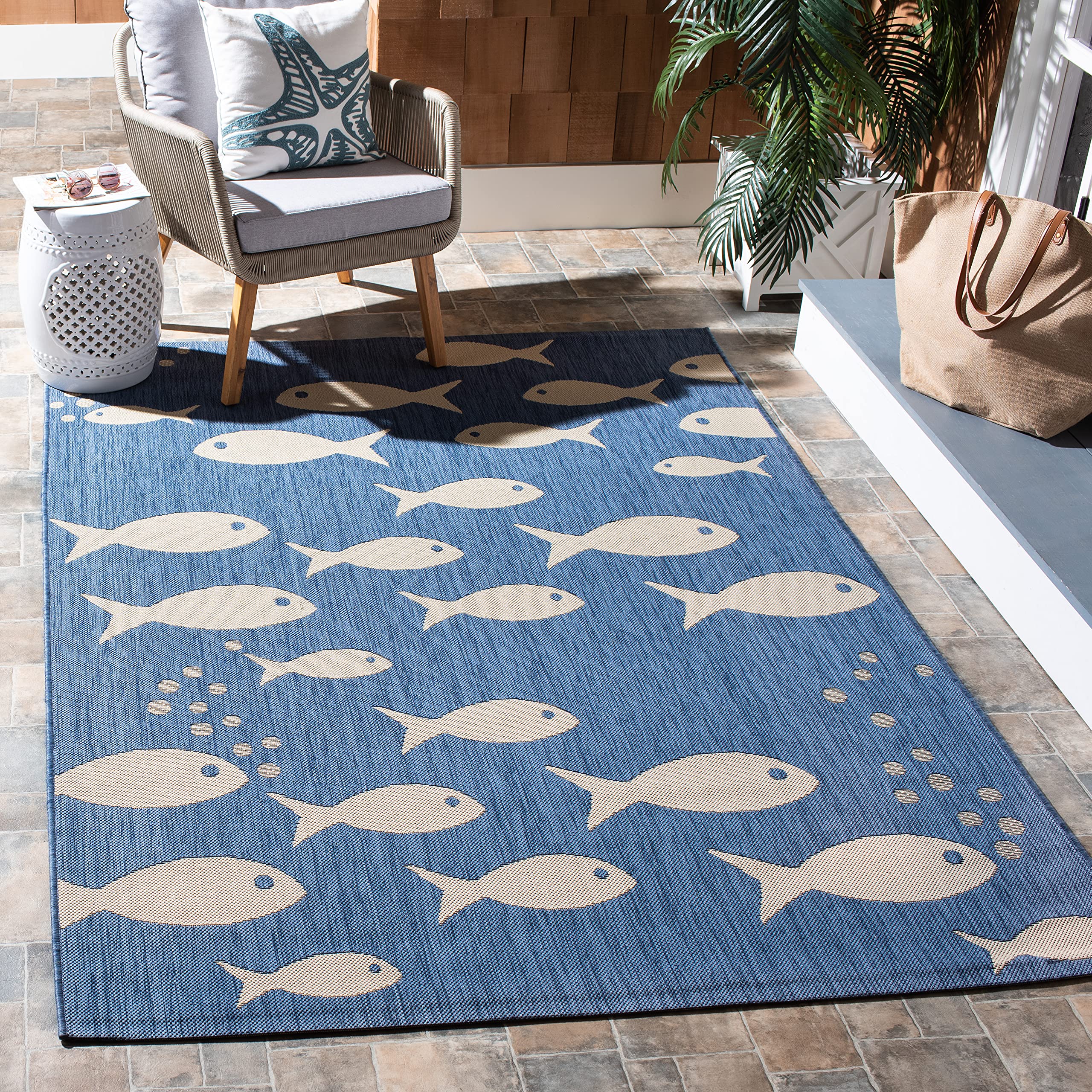 SAFAVIEH Courtyard Collection Area Rug - 53 x 77, Blue & Beige, Non-Shedding & Easy Care, Indoor/Outdoor & Washable-Ideal fo