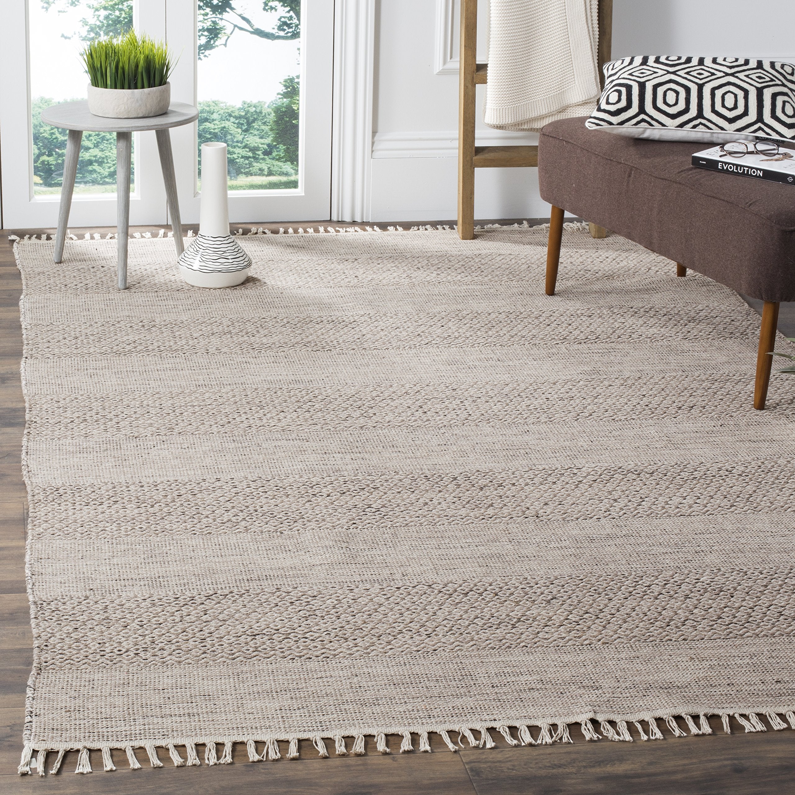 SAFAVIEH Montauk Collection Area Rug - 8 Square, Ivory & Steel Grey, Handmade Flat Weave Boho Farmhouse Cotton Tassel Fringe, I